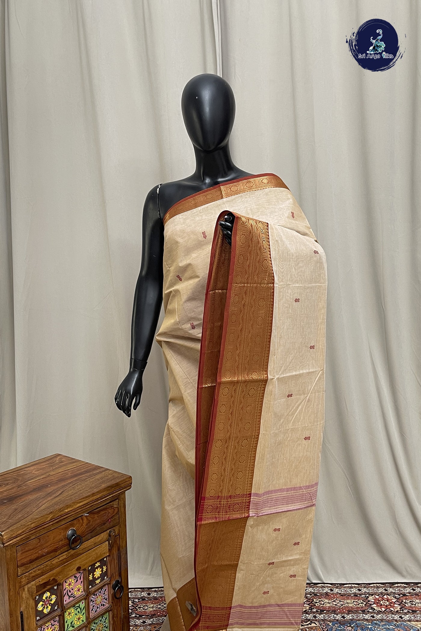 Beige Chettinad Cotton Saree With Buttas Pattern