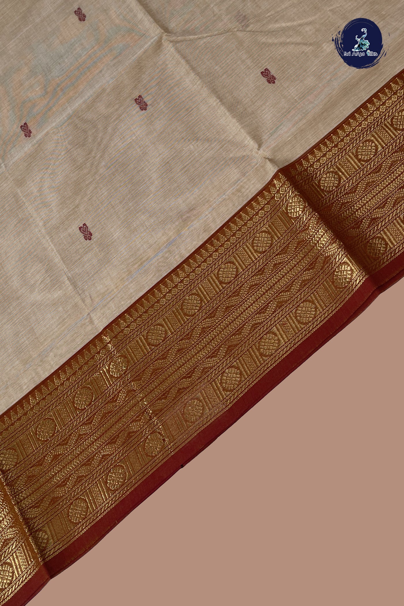 Beige Chettinad Cotton Saree With Buttas Pattern