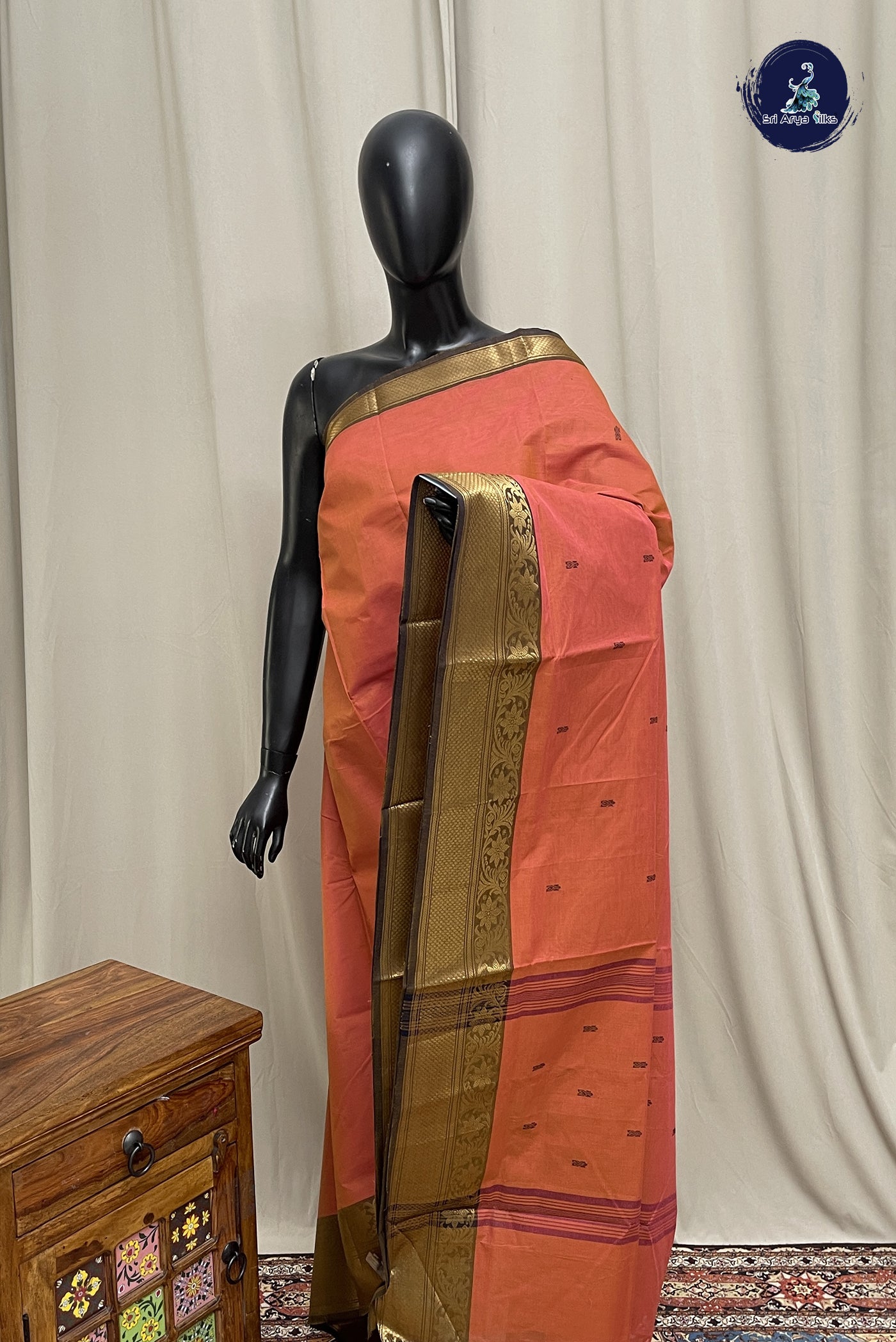 Brick Orange Chettinad Cotton Saree With Buttas Pattern