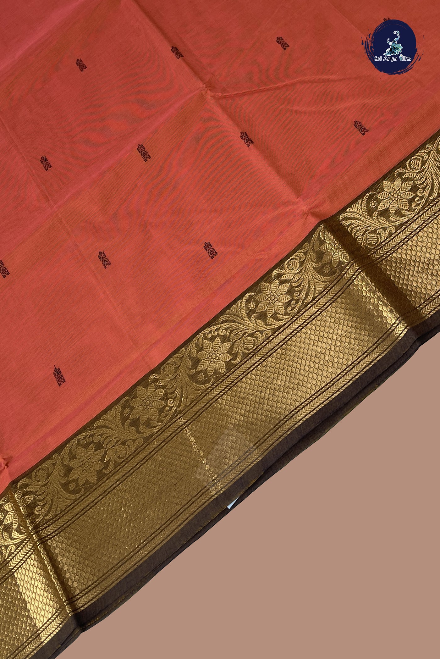 Brick Orange Chettinad Cotton Saree With Buttas Pattern