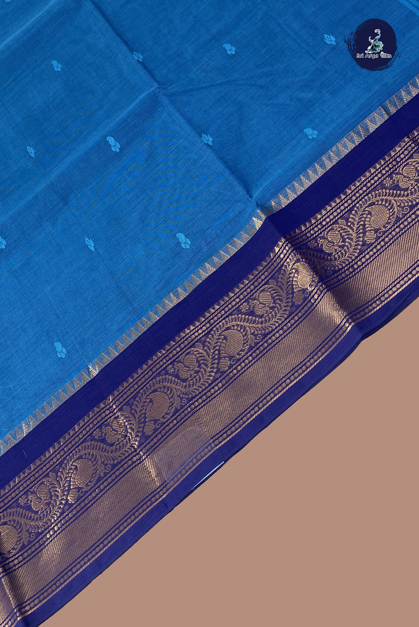 Blue Chettinad Cotton Saree With Buttas Pattern