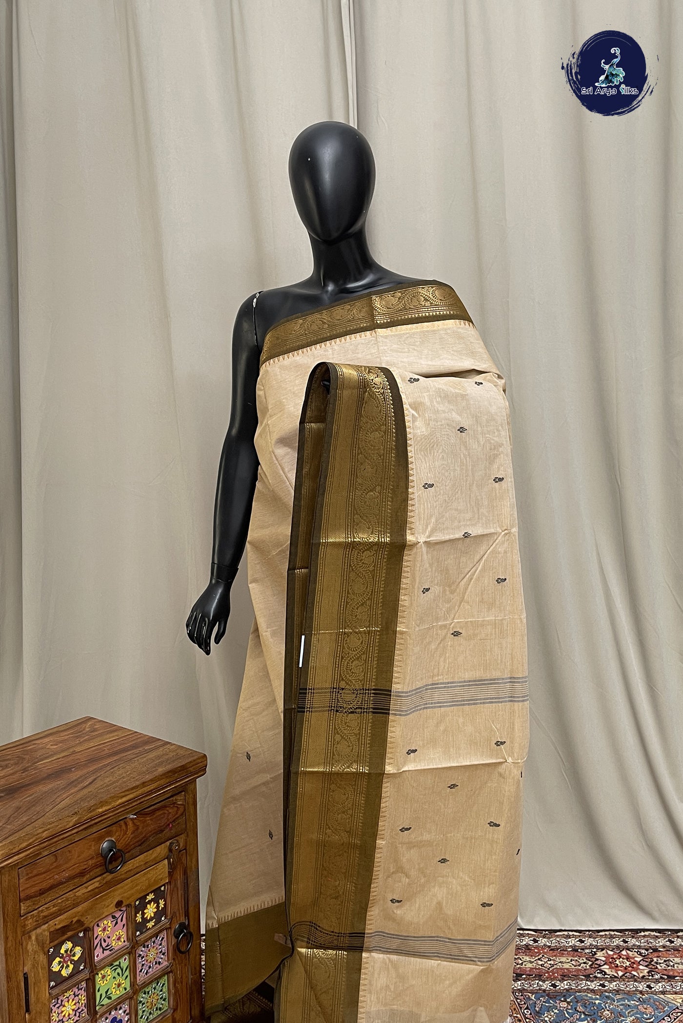 Beige Chettinad Cotton Saree With Buttas Pattern