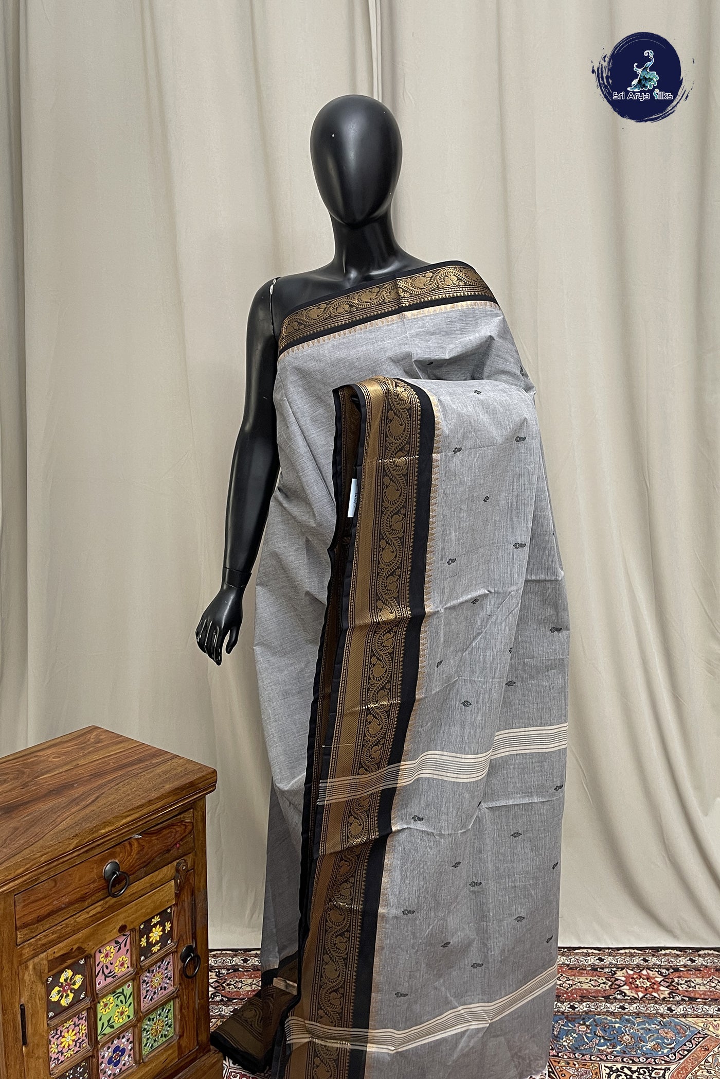 Grey Chettinad Cotton Saree With Buttas Pattern