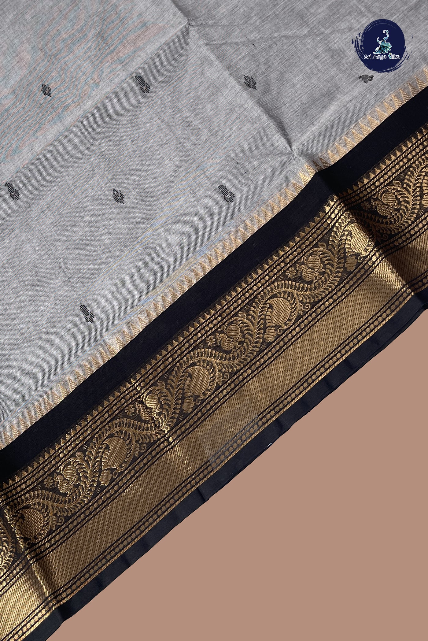 Grey Chettinad Cotton Saree With Buttas Pattern