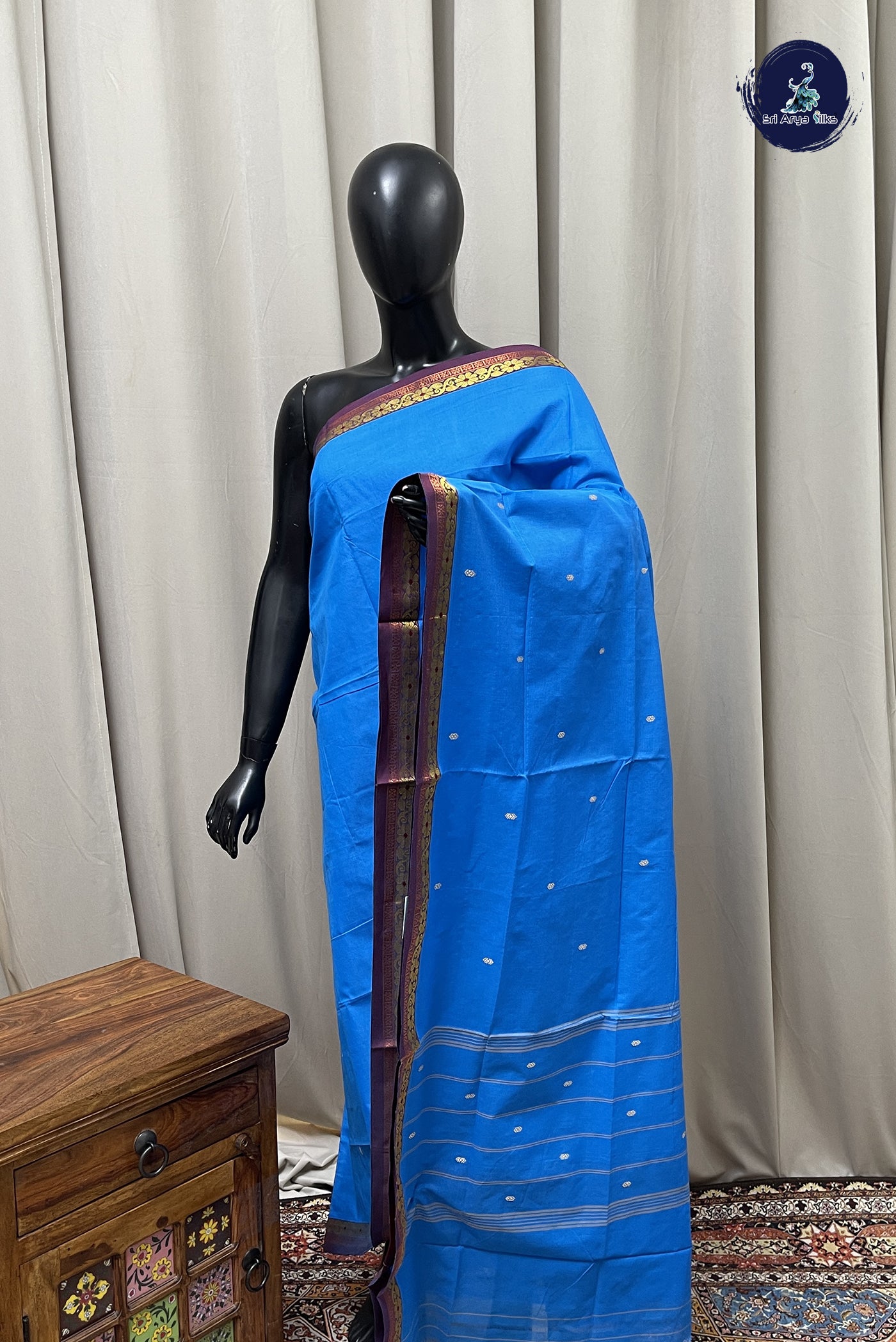 Blue Chettinad Cotton Saree With Buttas Pattern