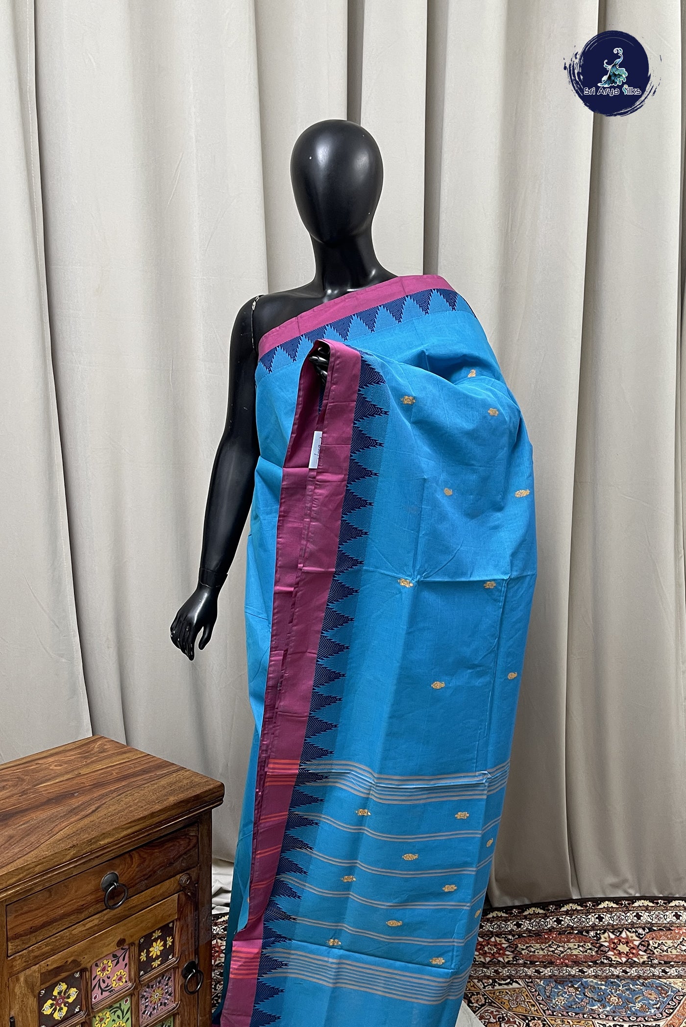 Blue Chettinad Cotton Saree With Buttas Pattern