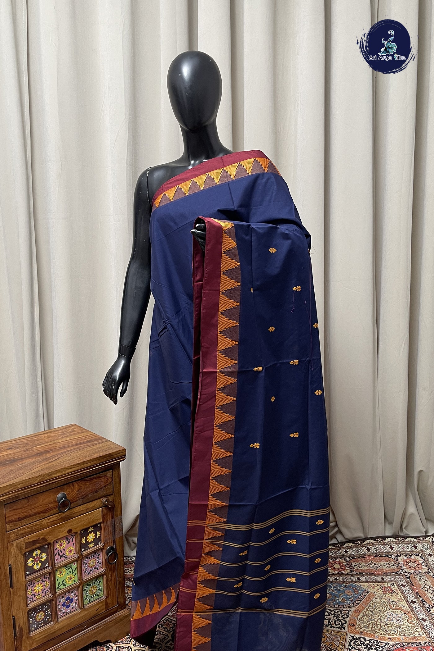 Dark Blue Chettinad Cotton Saree With Buttas Pattern
