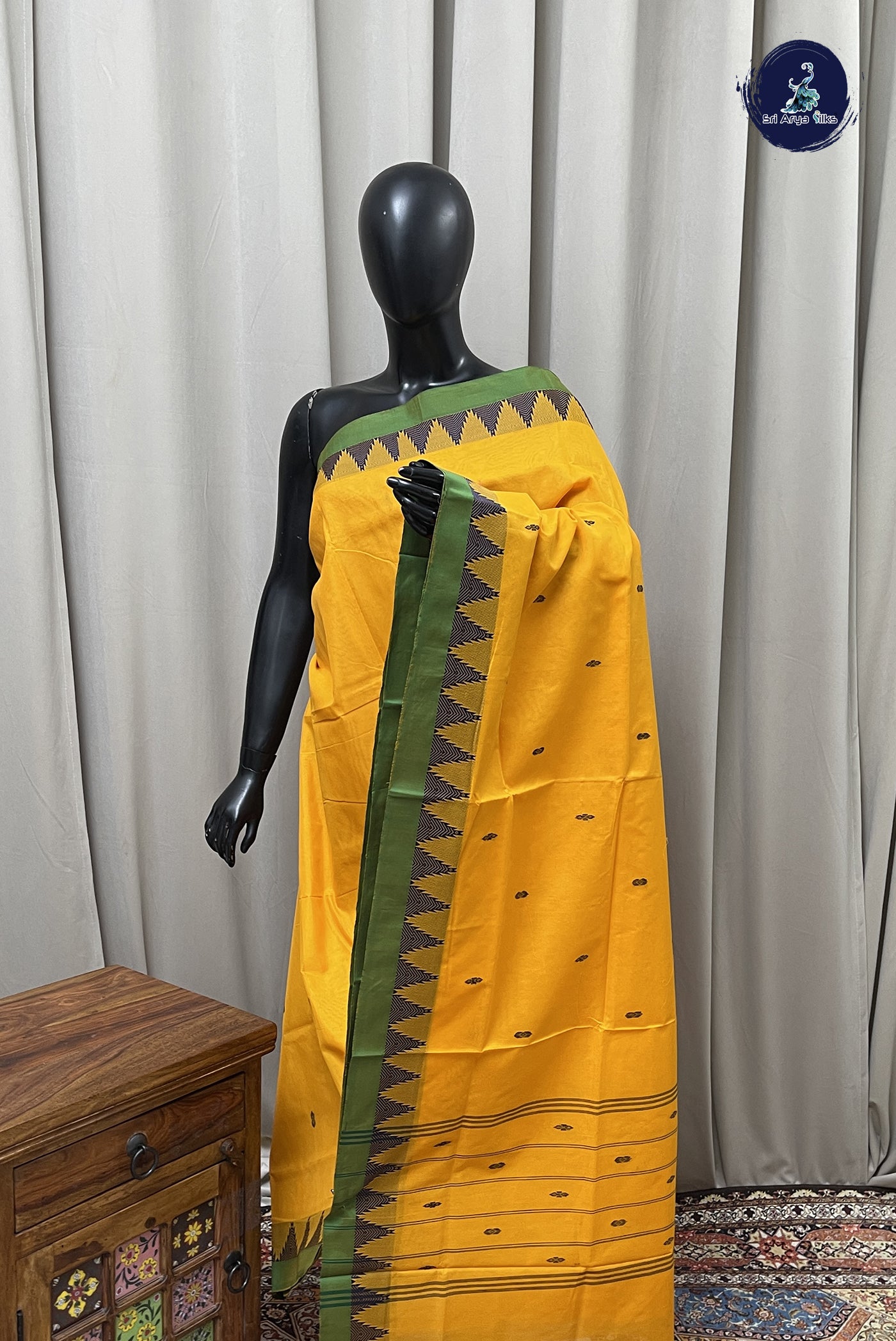 Yellow Chettinad Cotton Saree With Buttas Pattern