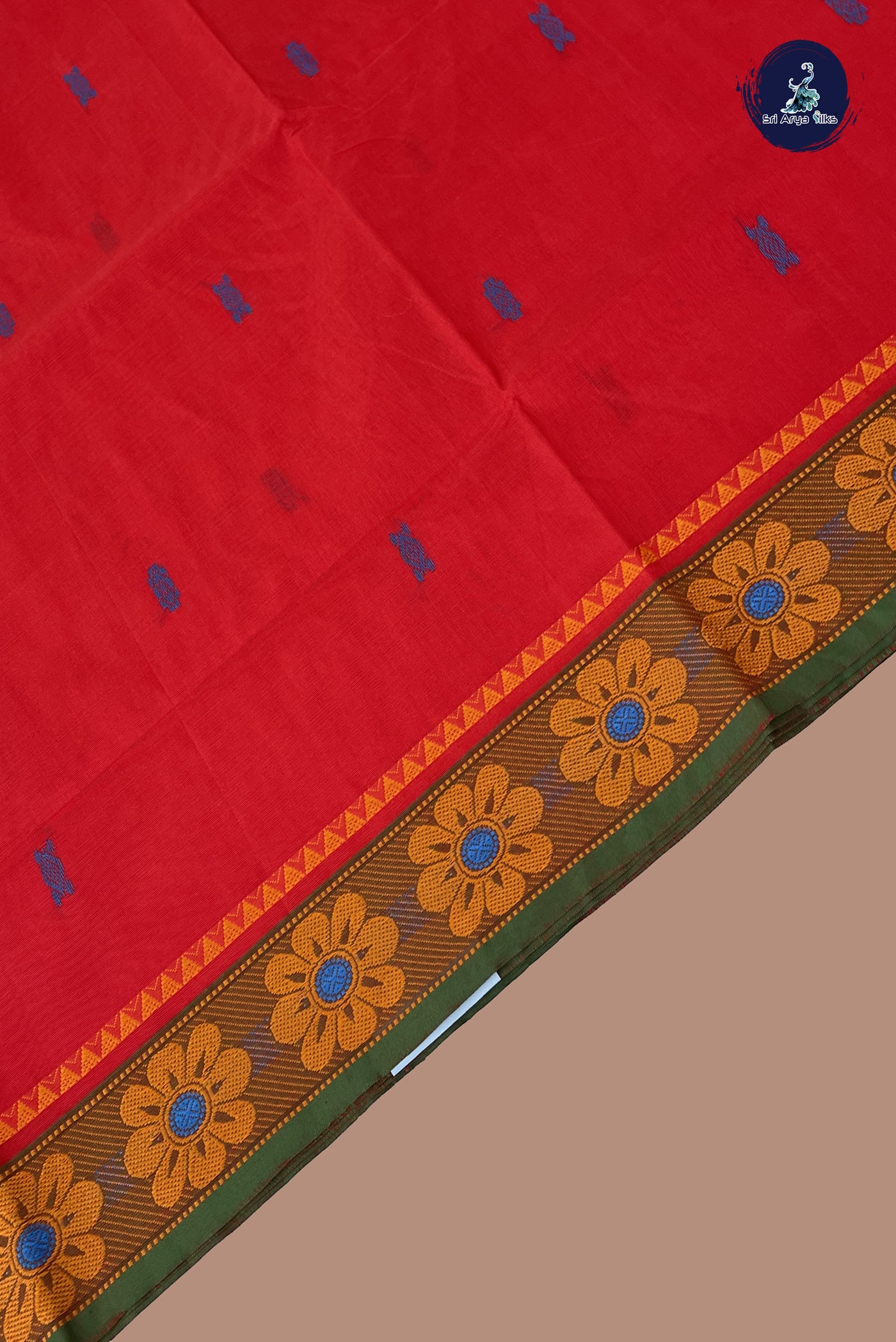 Red Chettinad Cotton Saree With Buttas Pattern