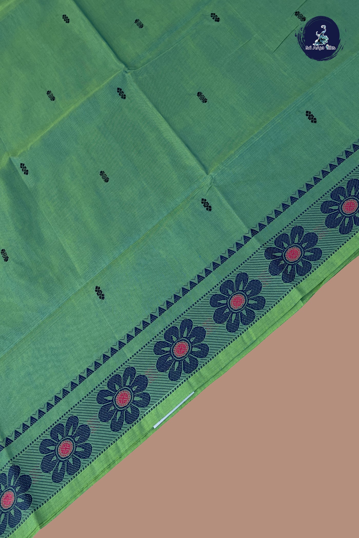 Bluish Green Chettinad Cotton Saree With Buttas Pattern