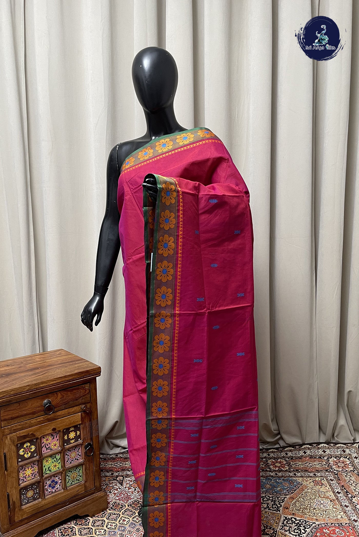 Maroon Chettinad Cotton Saree With Buttas Pattern