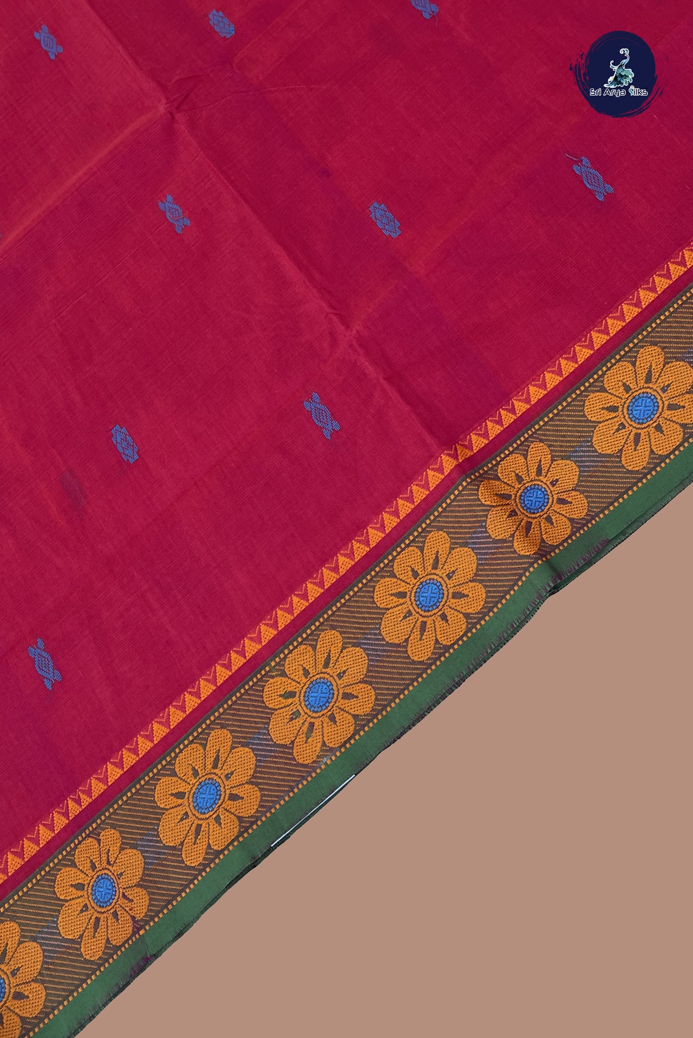 Maroon Chettinad Cotton Saree With Buttas Pattern
