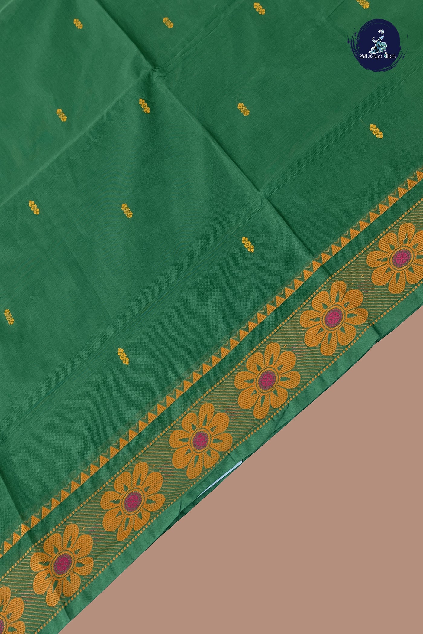 Green Chettinad Cotton Saree With Buttas Pattern