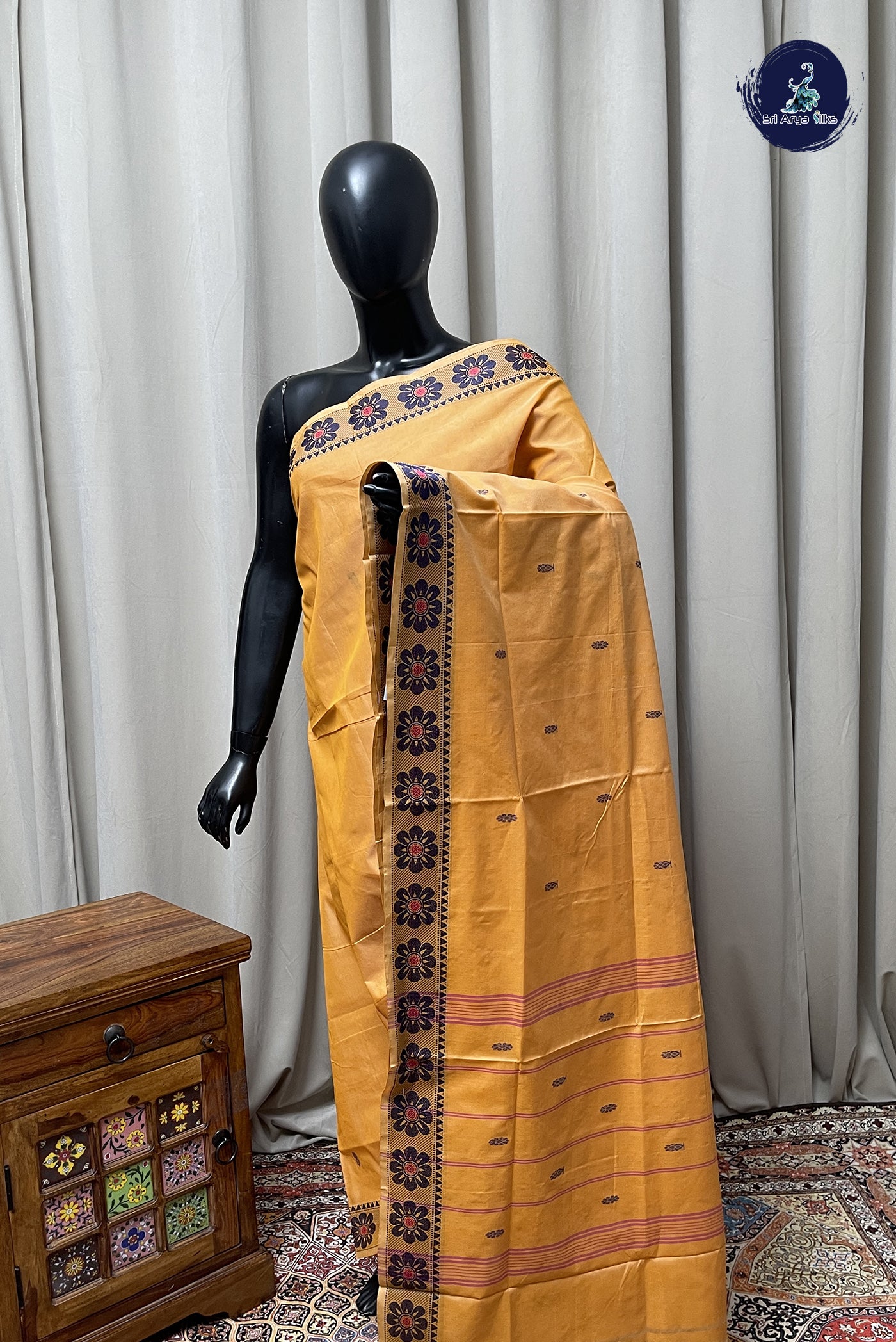 Peach Chettinad Cotton Saree With Buttas Pattern