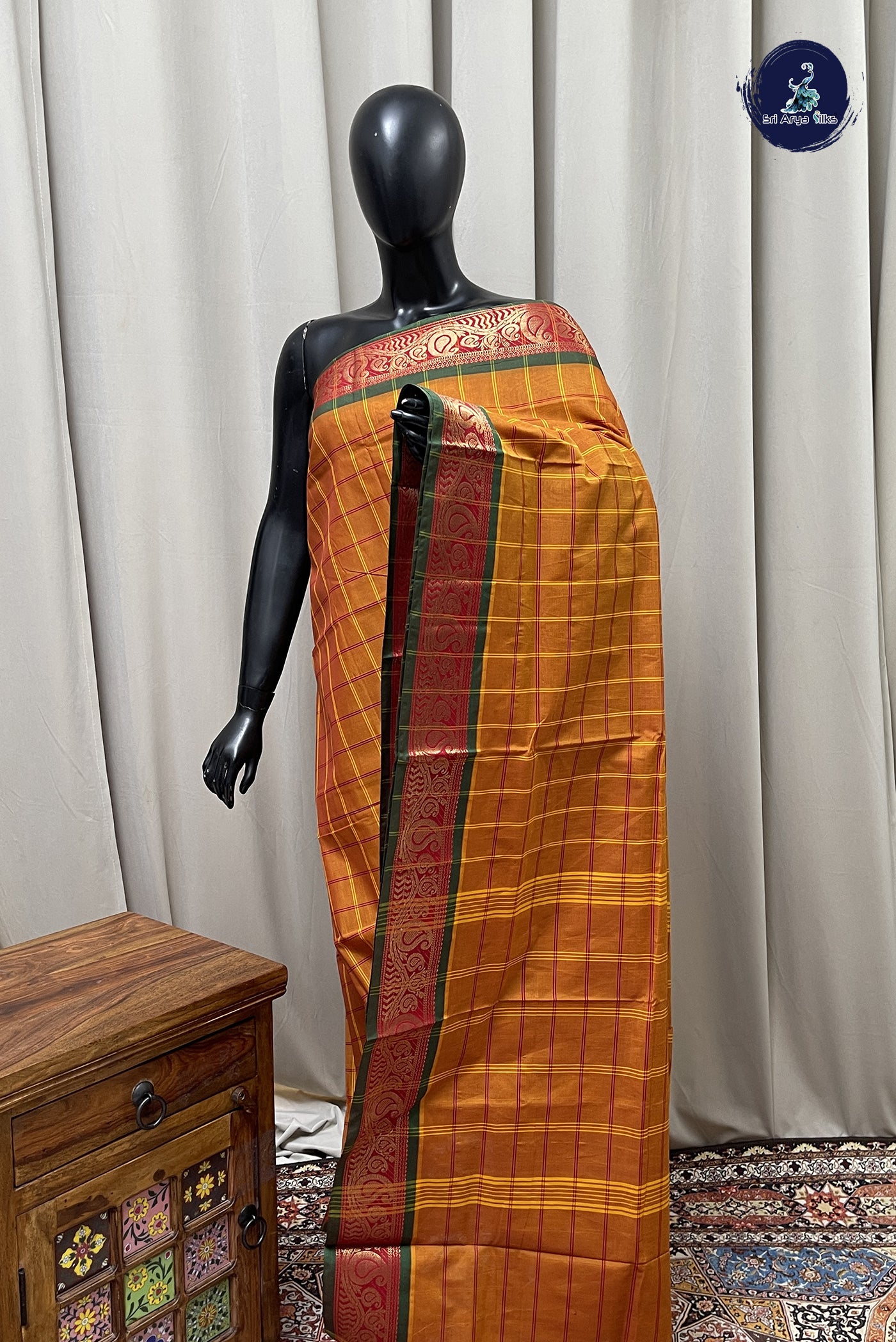 Lite Mustard Orange Chettinad Cotton Saree With Checked Pattern