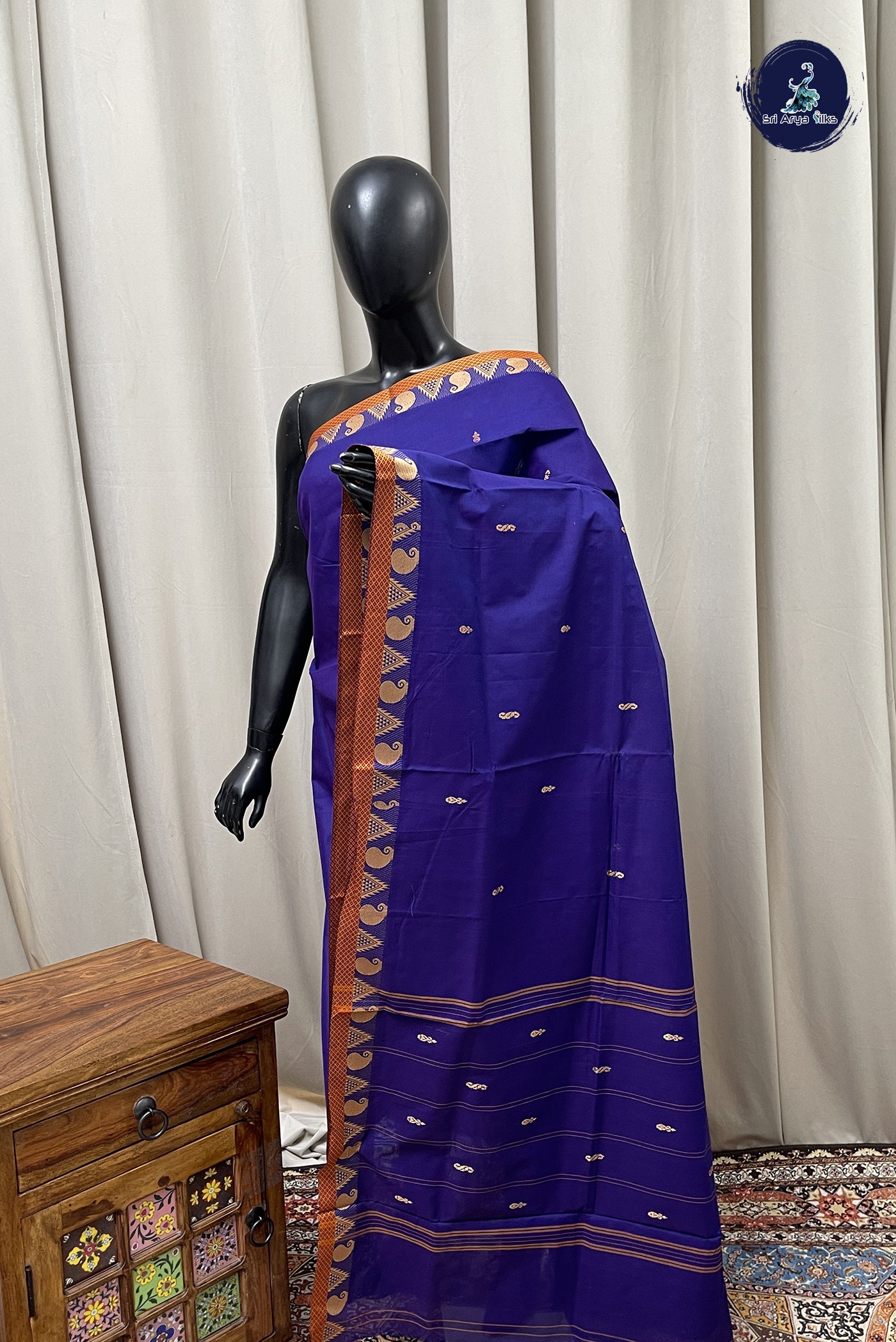 Dark Blue Chettinad Cotton Saree With Buttas Pattern