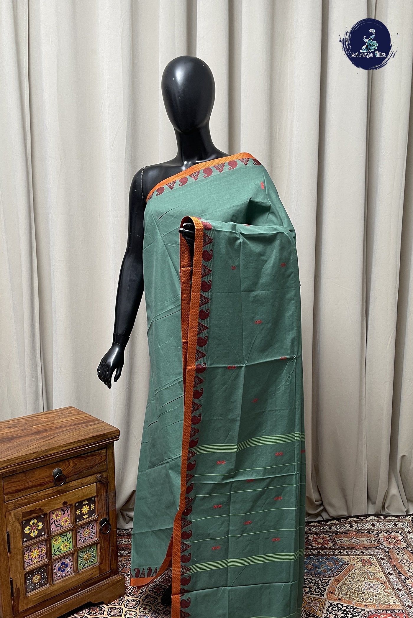 Pastel Green Chettinad Cotton Saree With Buttas Pattern