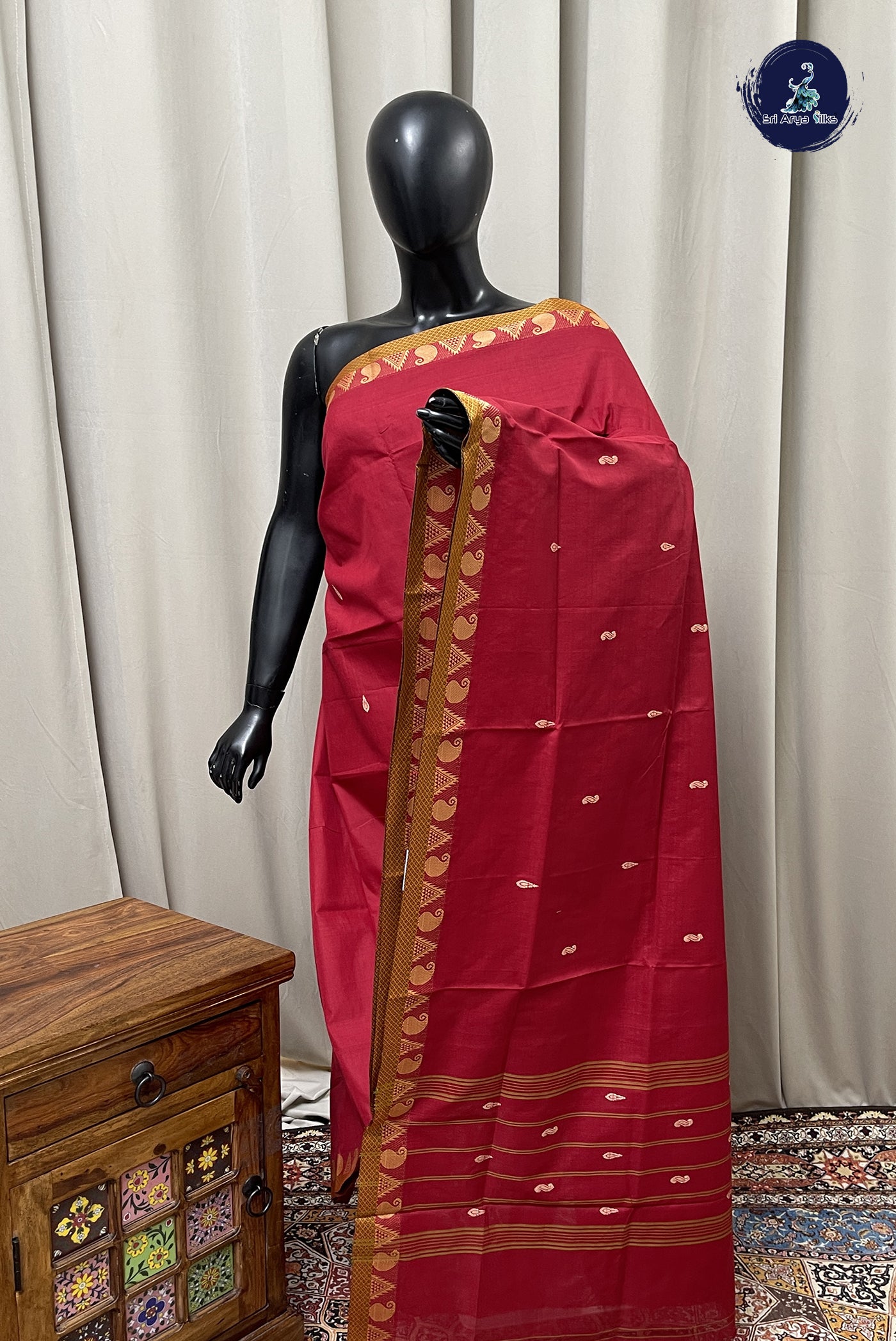 Red Chettinad Cotton Saree With Buttas Pattern