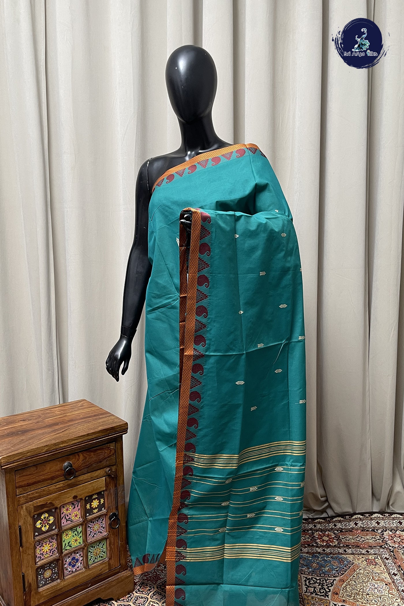 Teal Chettinad Cotton Saree With Buttas Pattern