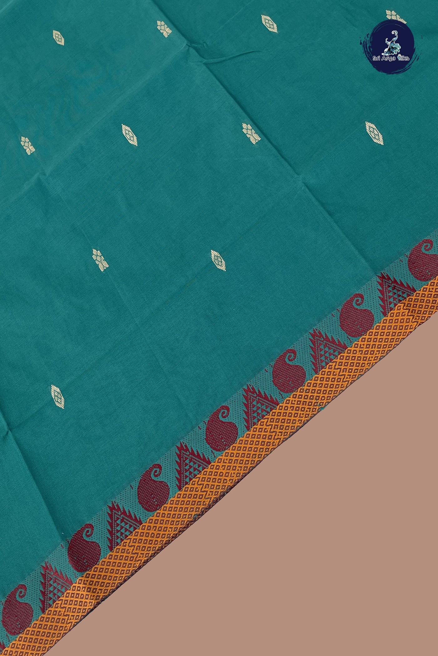 Teal Chettinad Cotton Saree With Buttas Pattern