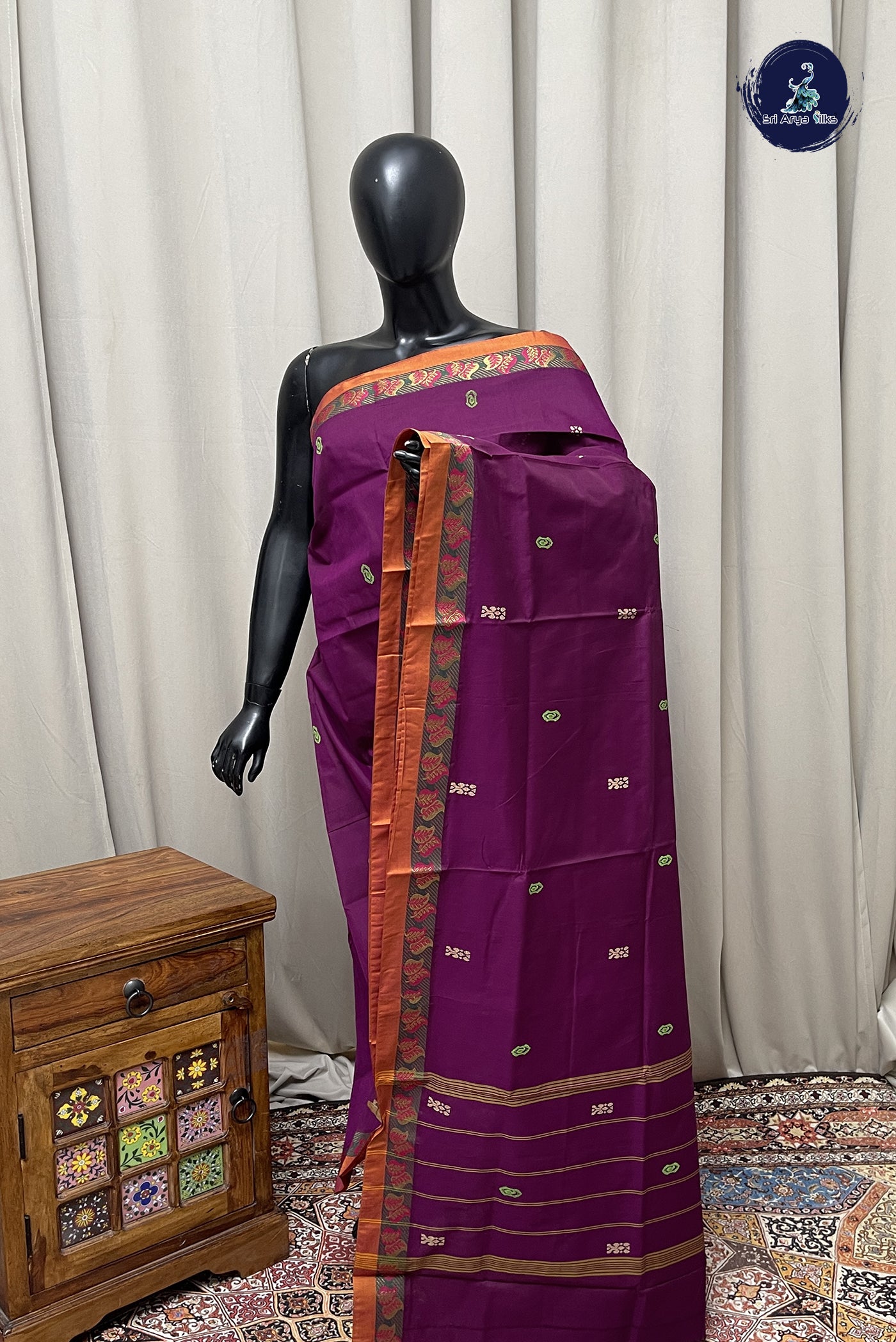 Burgundy Chettinad Cotton Saree With Buttas Pattern