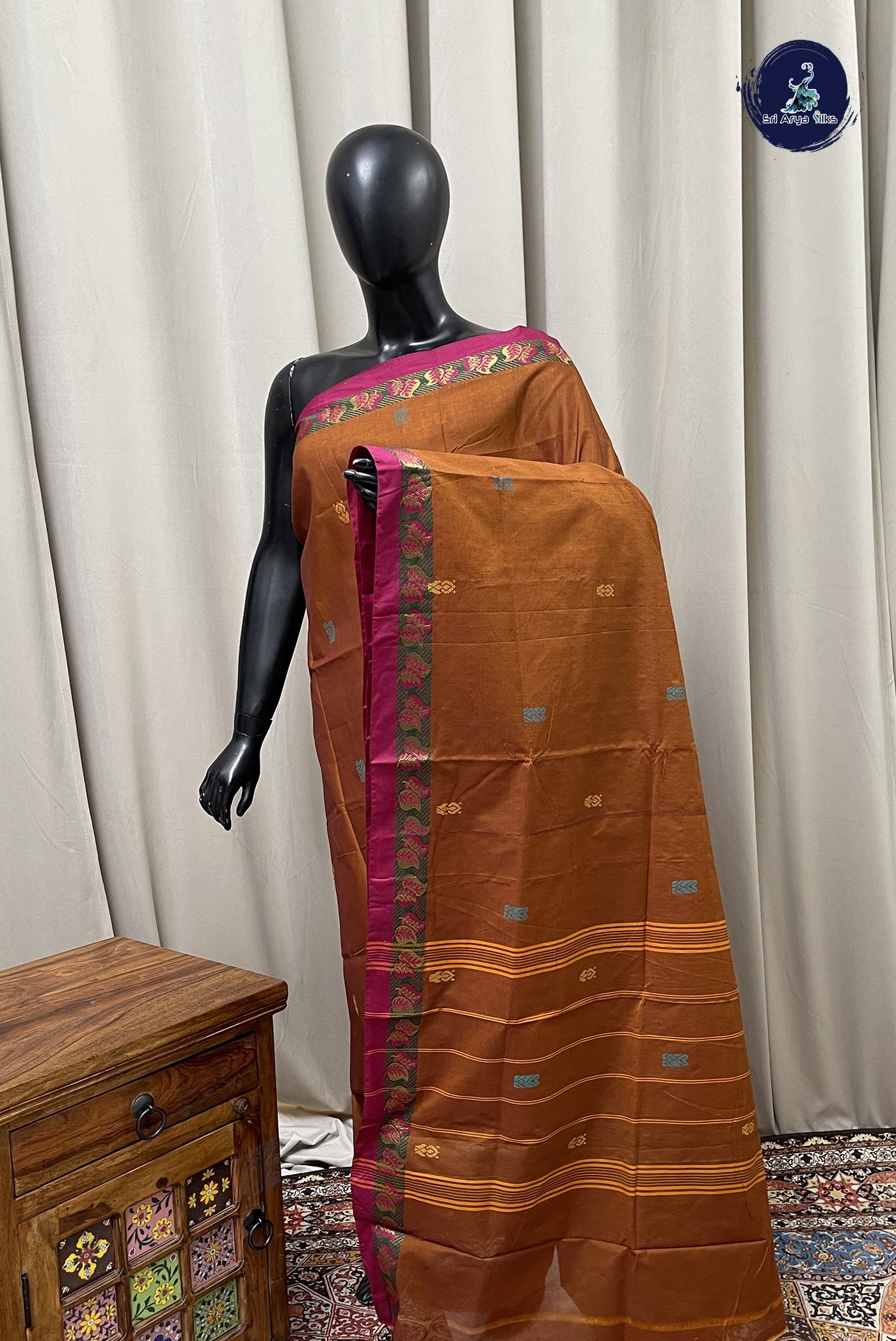 Brown Chettinad Cotton Saree With Buttas Pattern