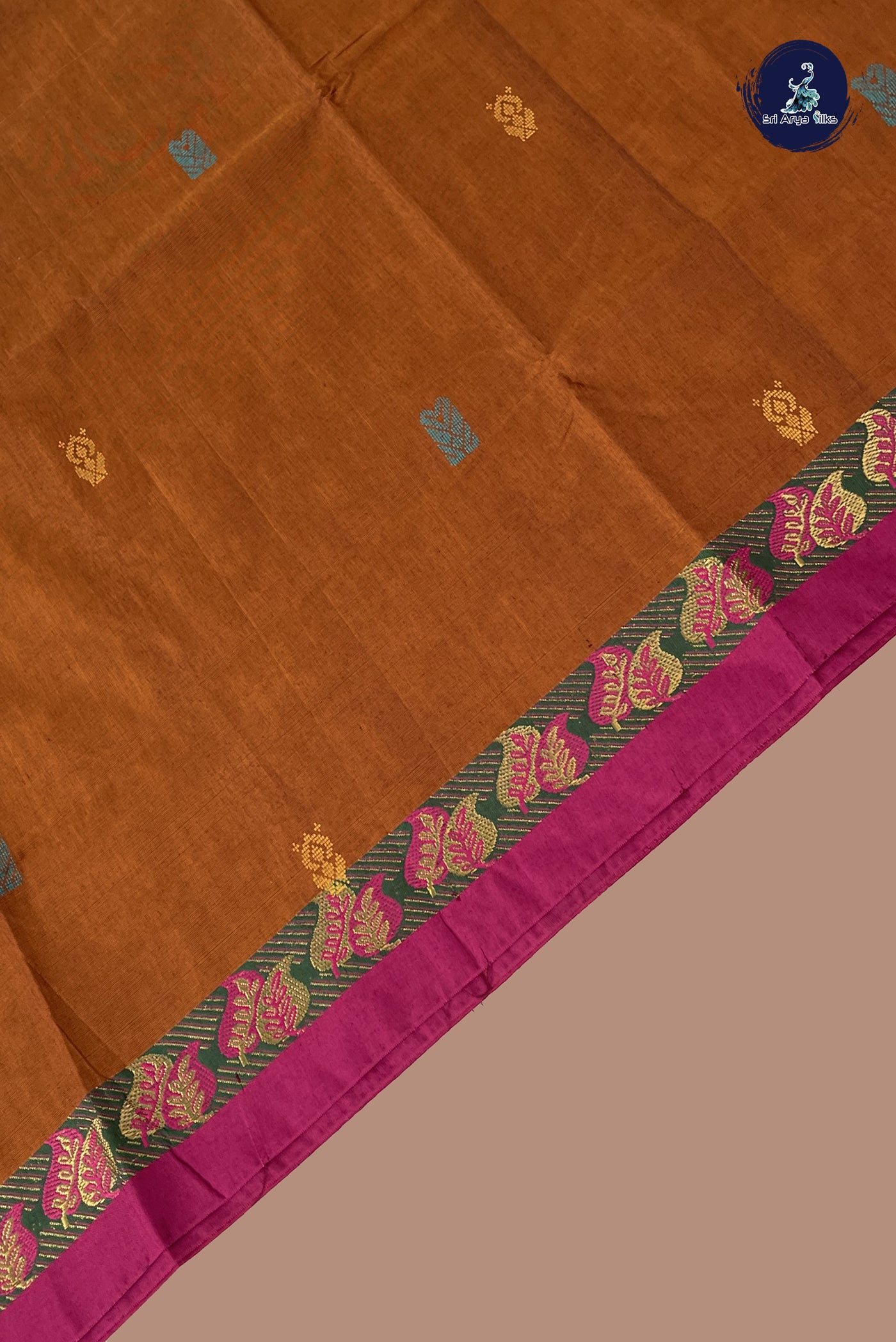 Brown Chettinad Cotton Saree With Buttas Pattern
