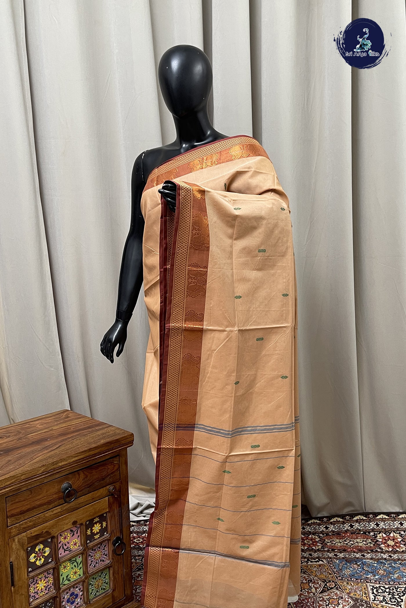 Beige Chettinad Cotton Saree With Buttas Pattern