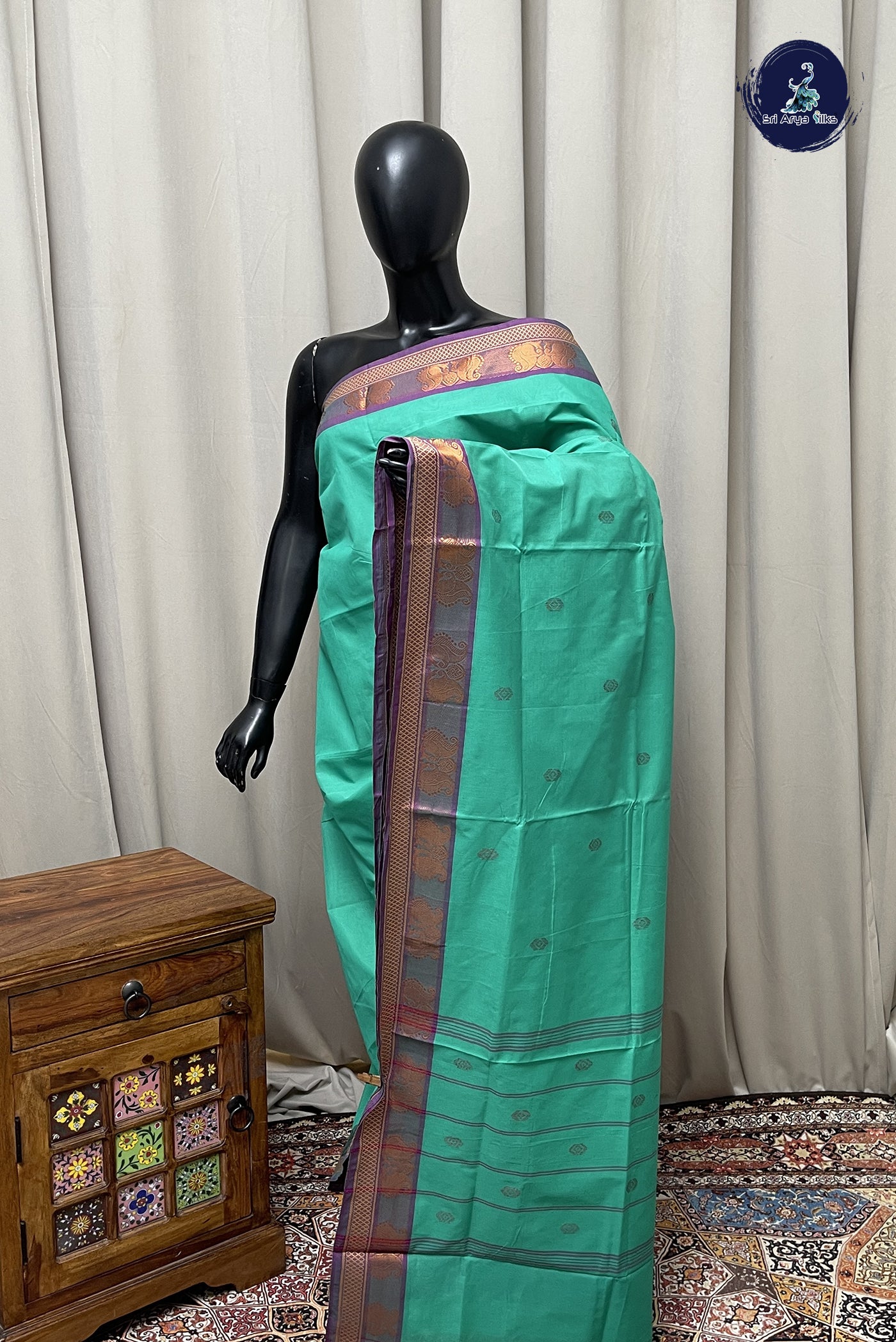 Teal Chettinad Cotton Saree With Buttas Pattern
