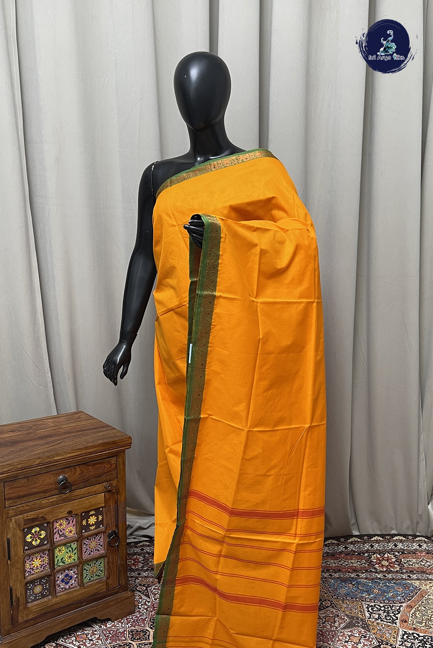 Yellow Chettinad Cotton Saree With Plain Pattern