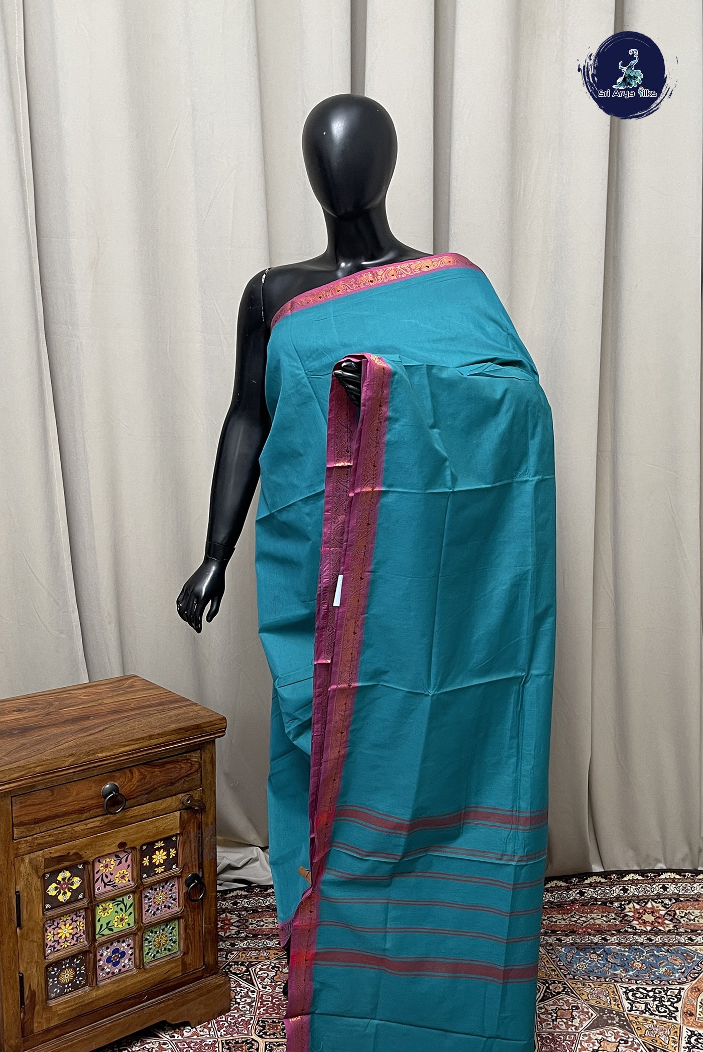 Teal Chettinad Cotton Saree With Plain Pattern