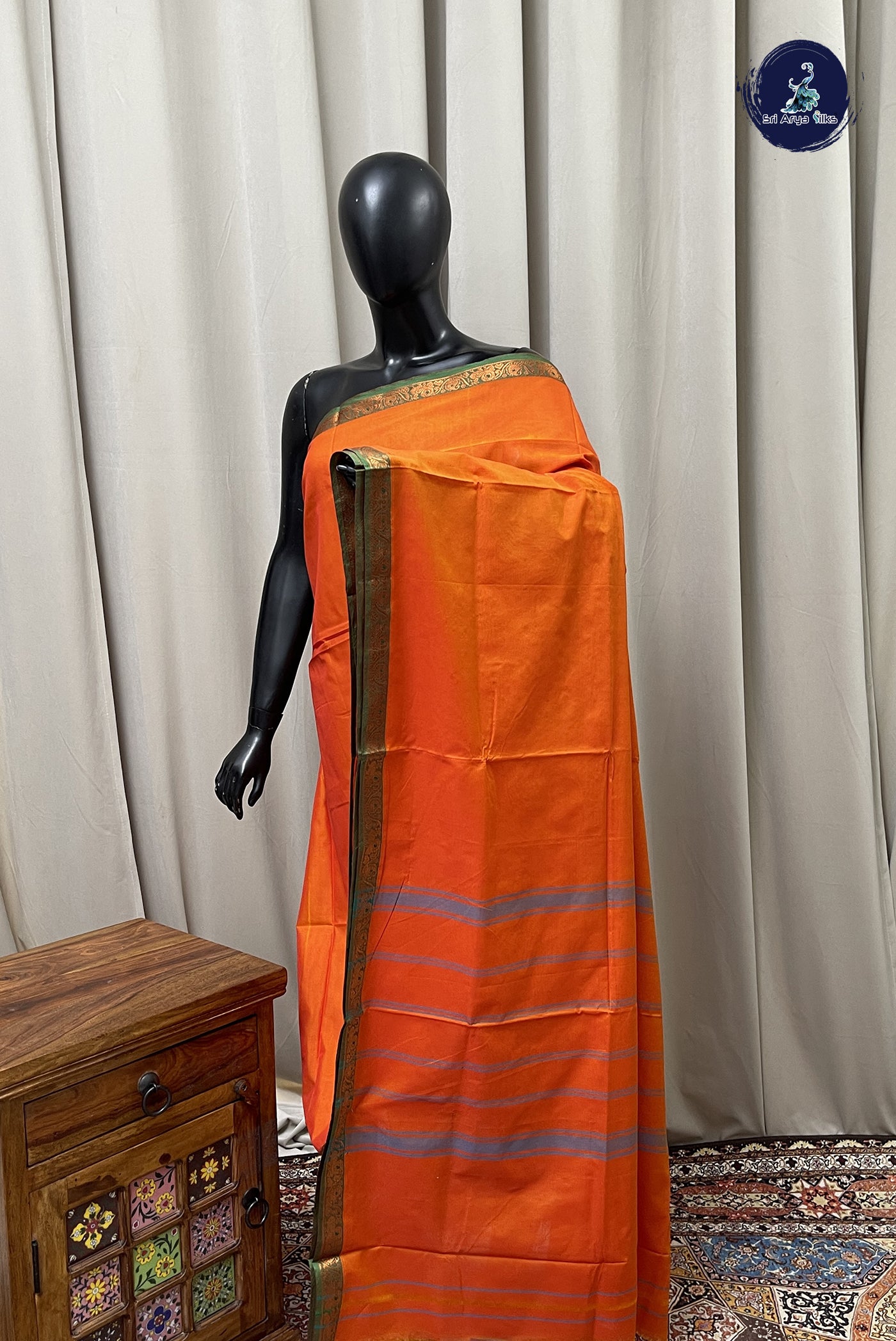 Orange Chettinad Cotton Saree With Plain Pattern