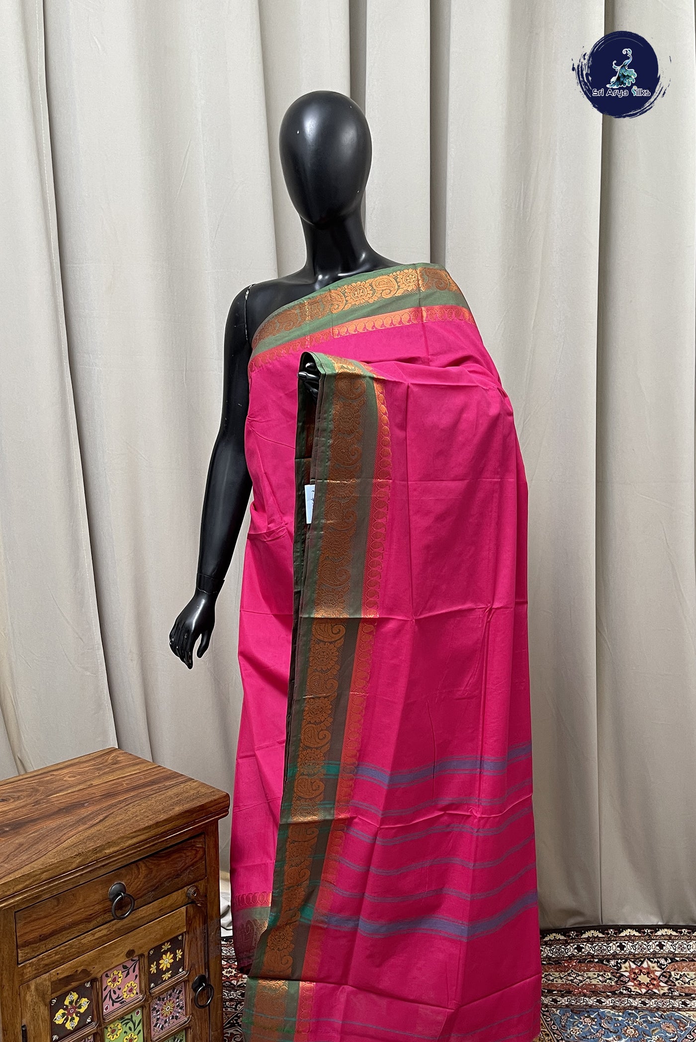 Pink Chettinad Cotton Saree With Plain Pattern