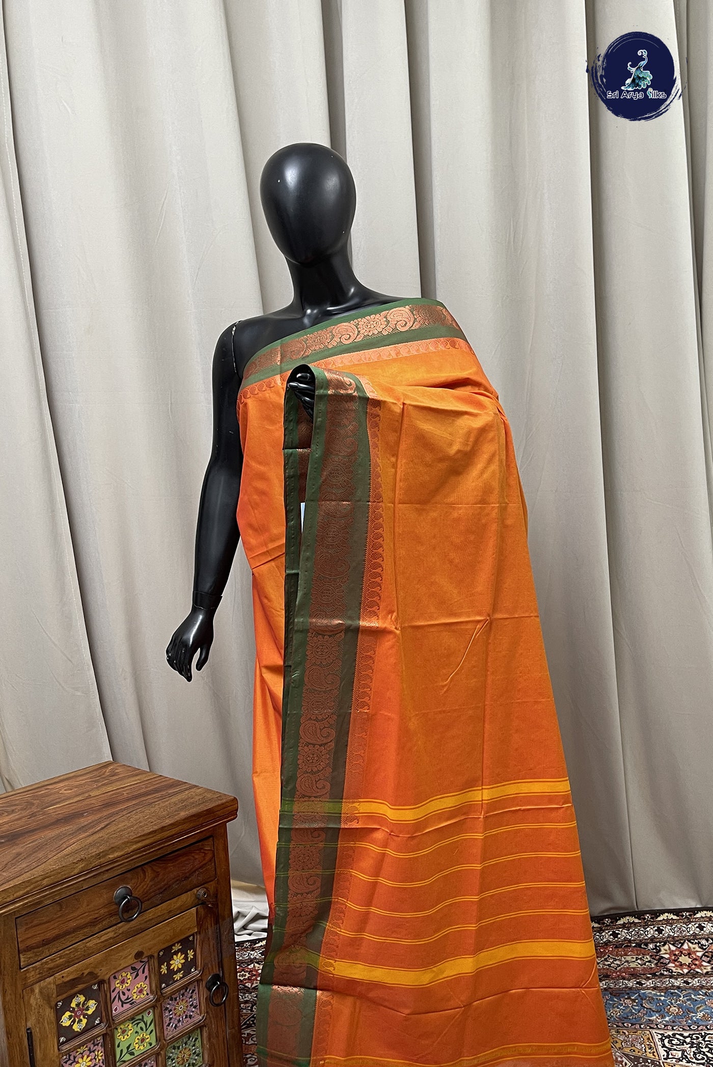 Orange Chettinad Cotton Saree With Plain Pattern