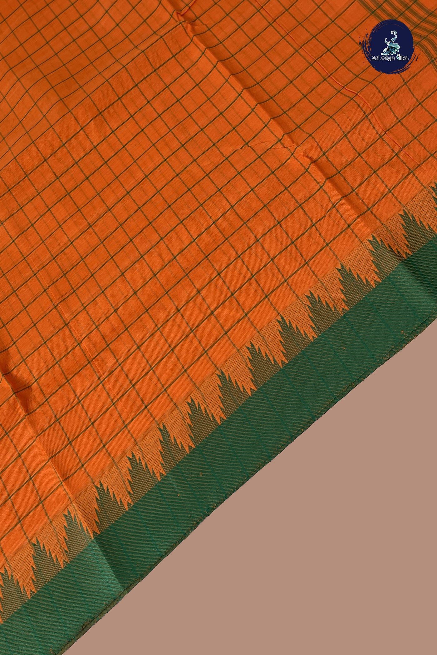 Orange Chettinad Cotton Saree With Checked Pattern