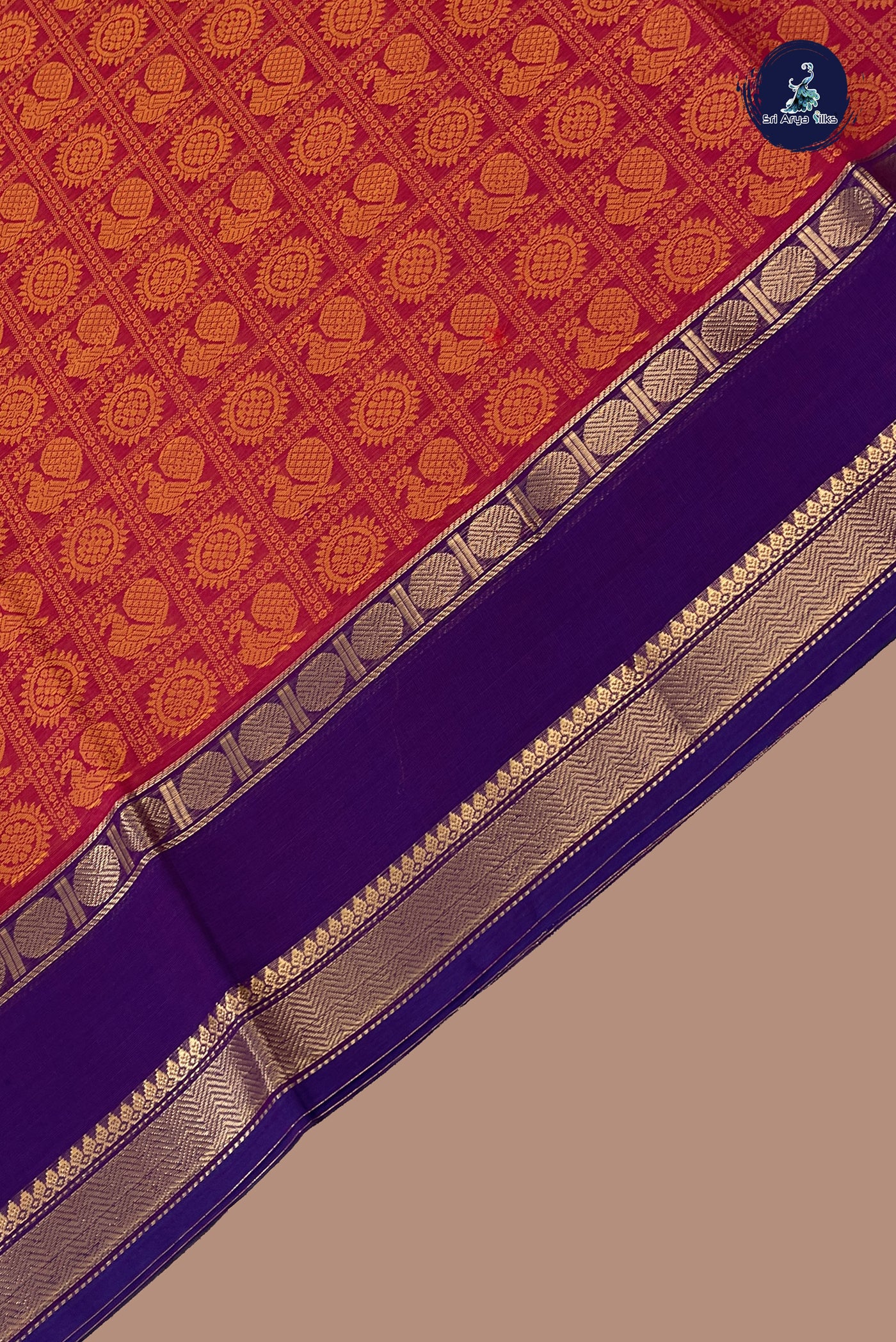 Reddish Pink Kanchi Cotton Saree With Embroidery Pattern