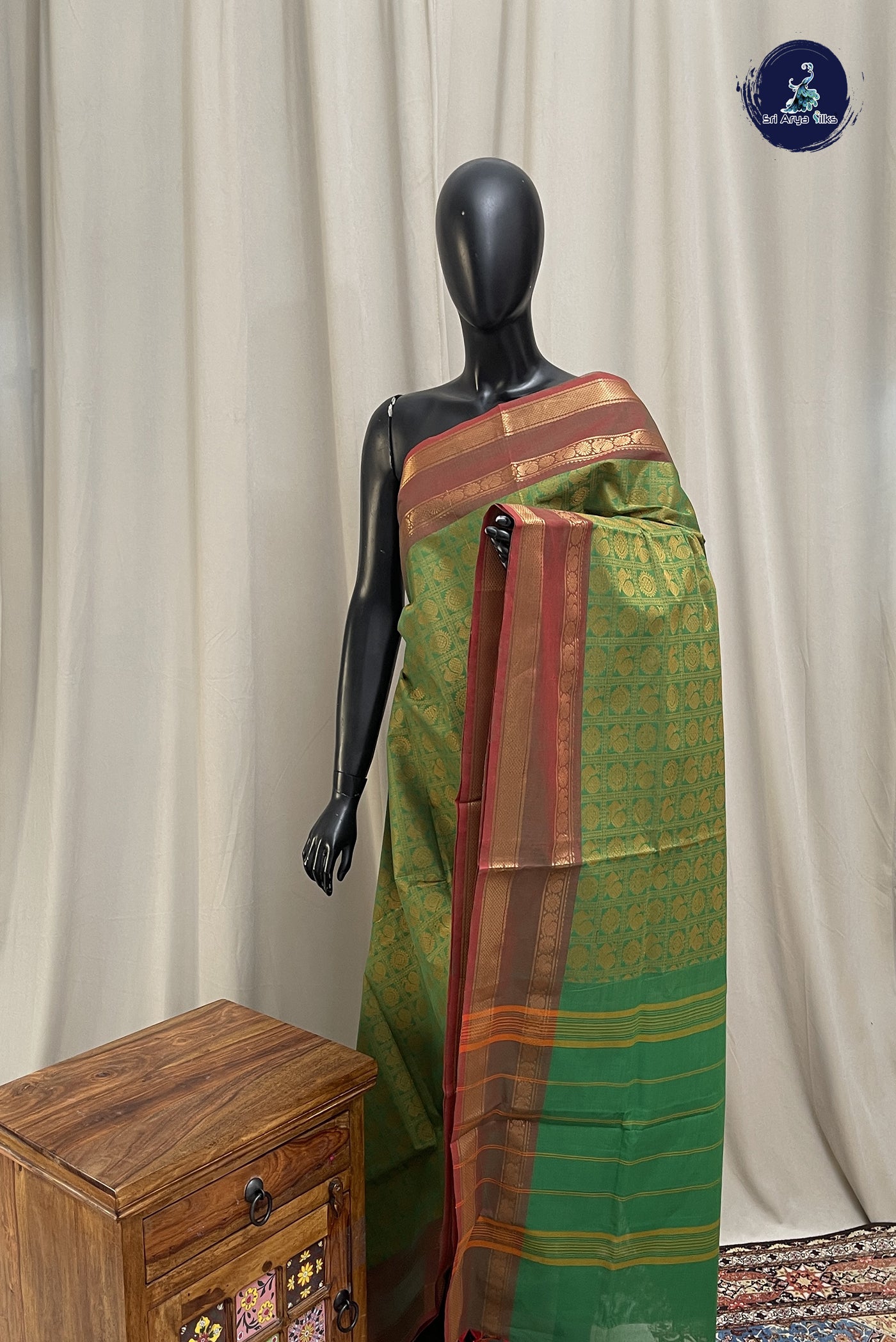 Green Kanchi Cotton Saree With Embroidery Pattern