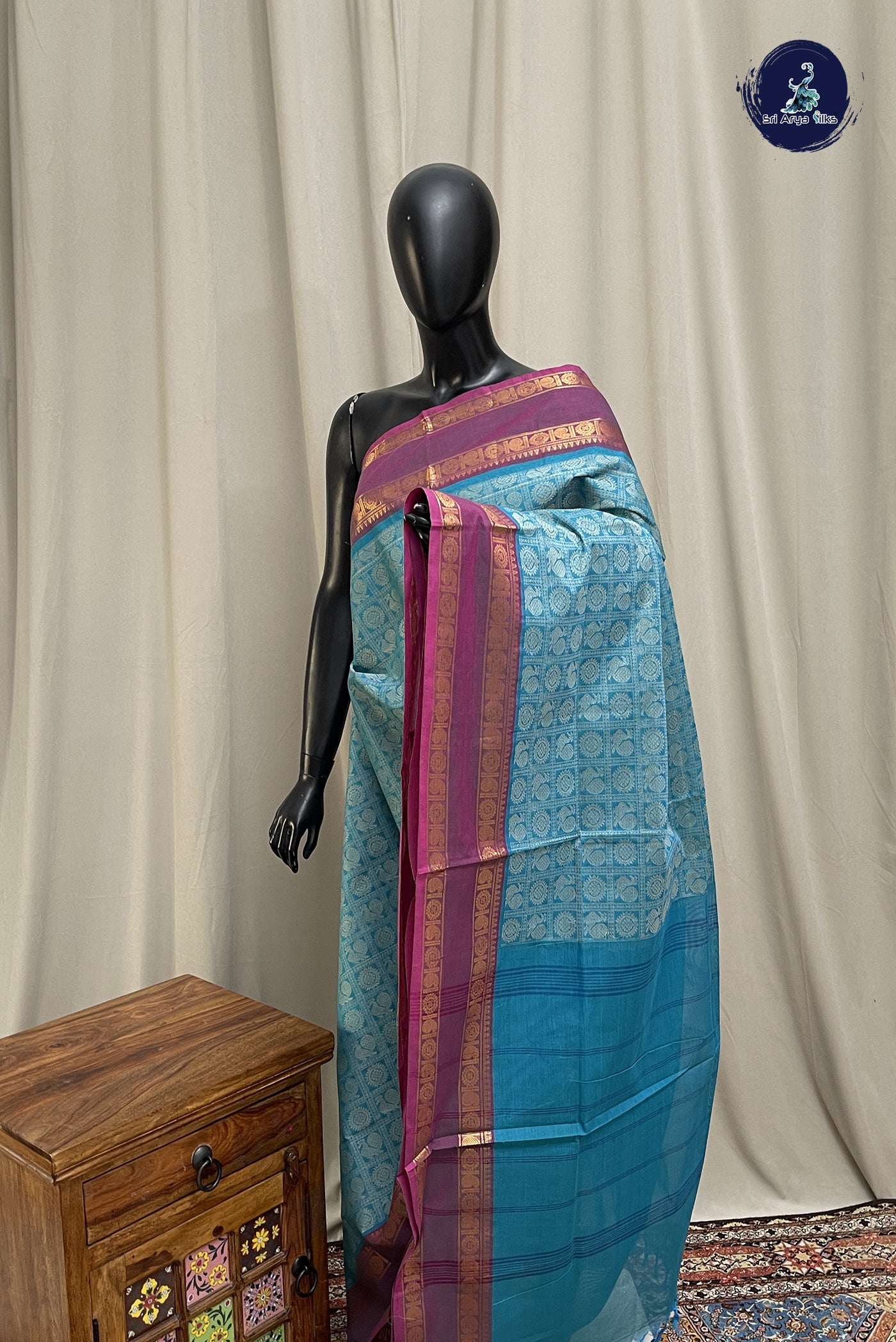 Light Blue Kanchi Cotton Saree With Embroidery Pattern