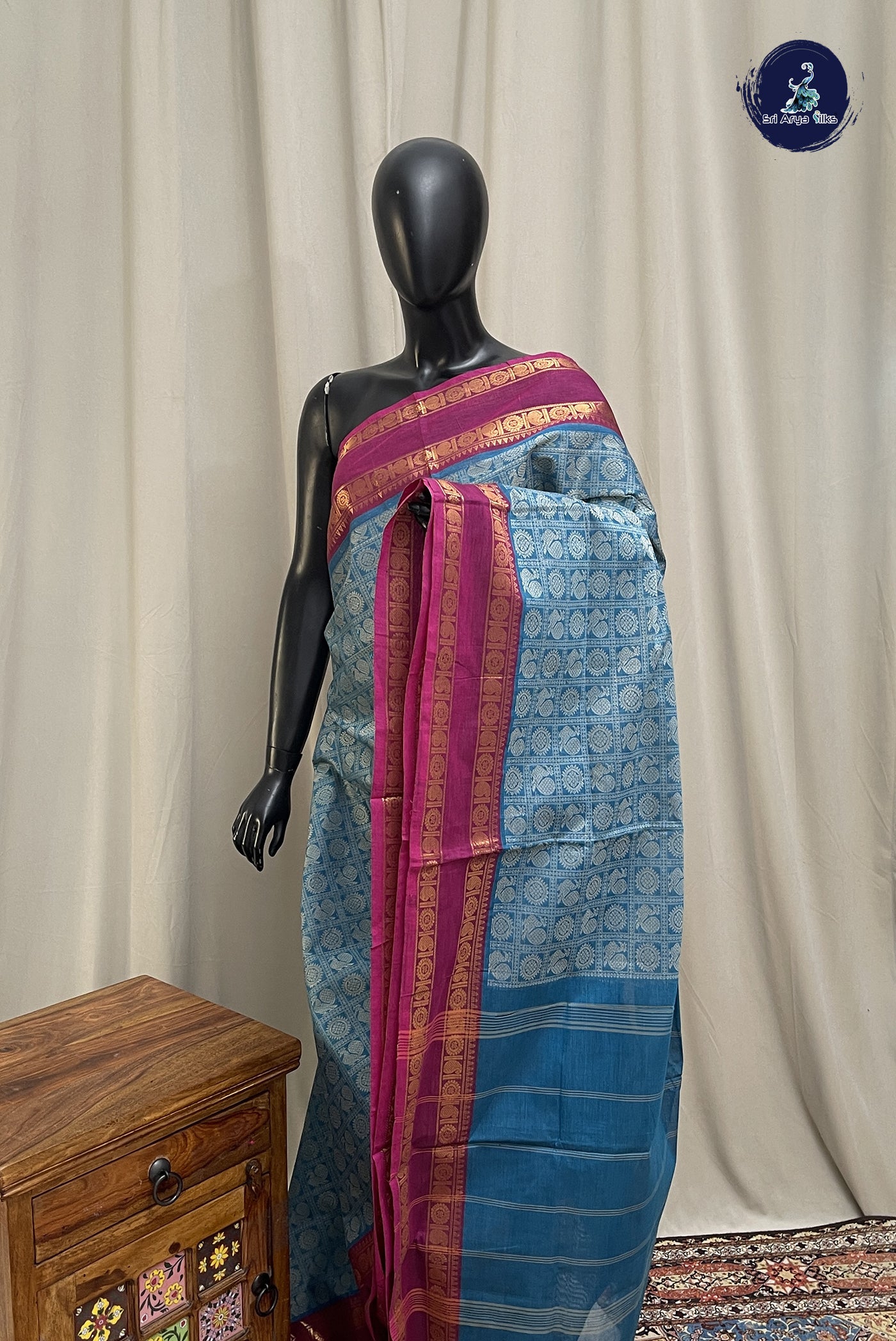 Light Blue Kanchi Cotton Saree With Embroidery Pattern