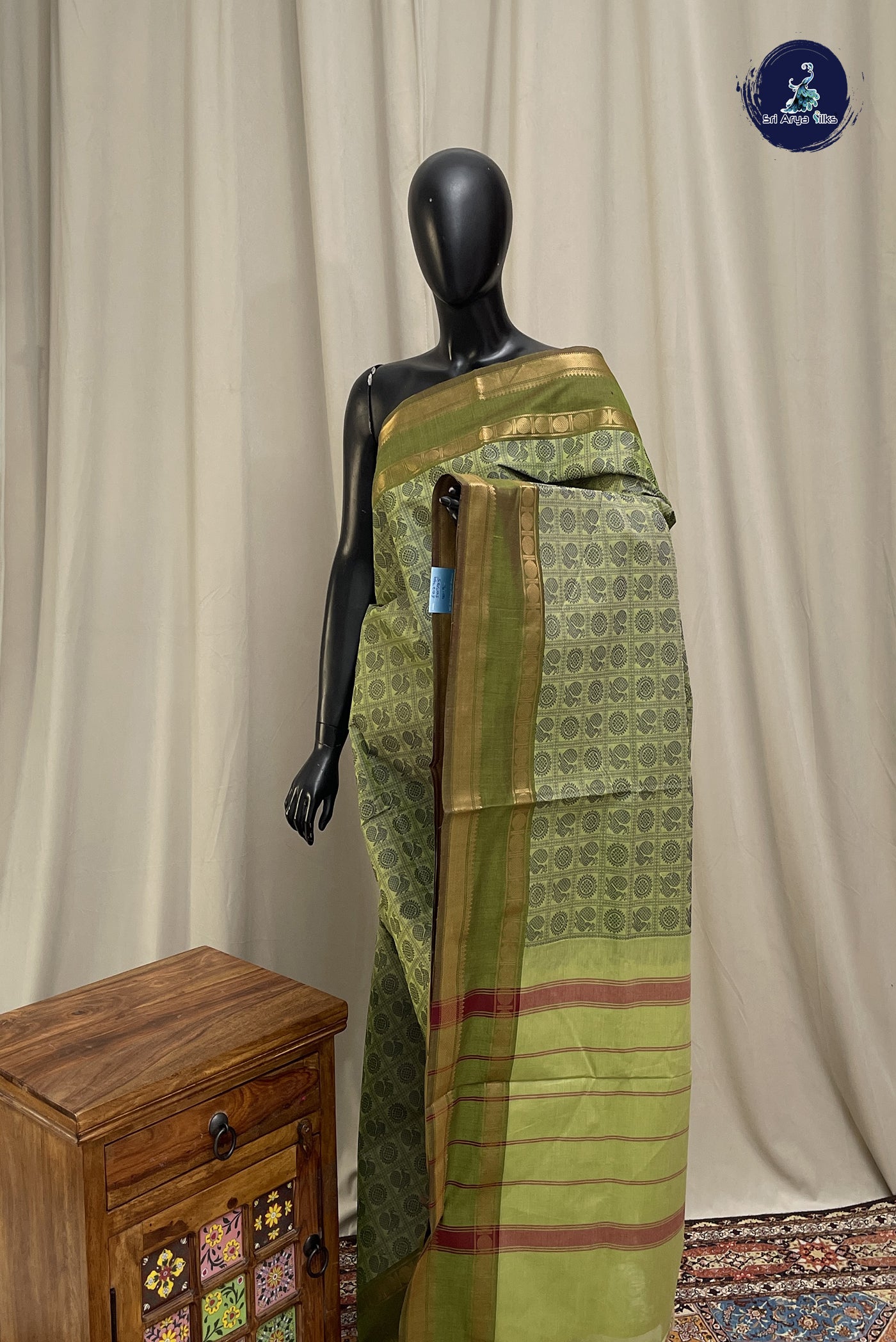Pista Green Kanchi Cotton Saree With Embroidery Pattern