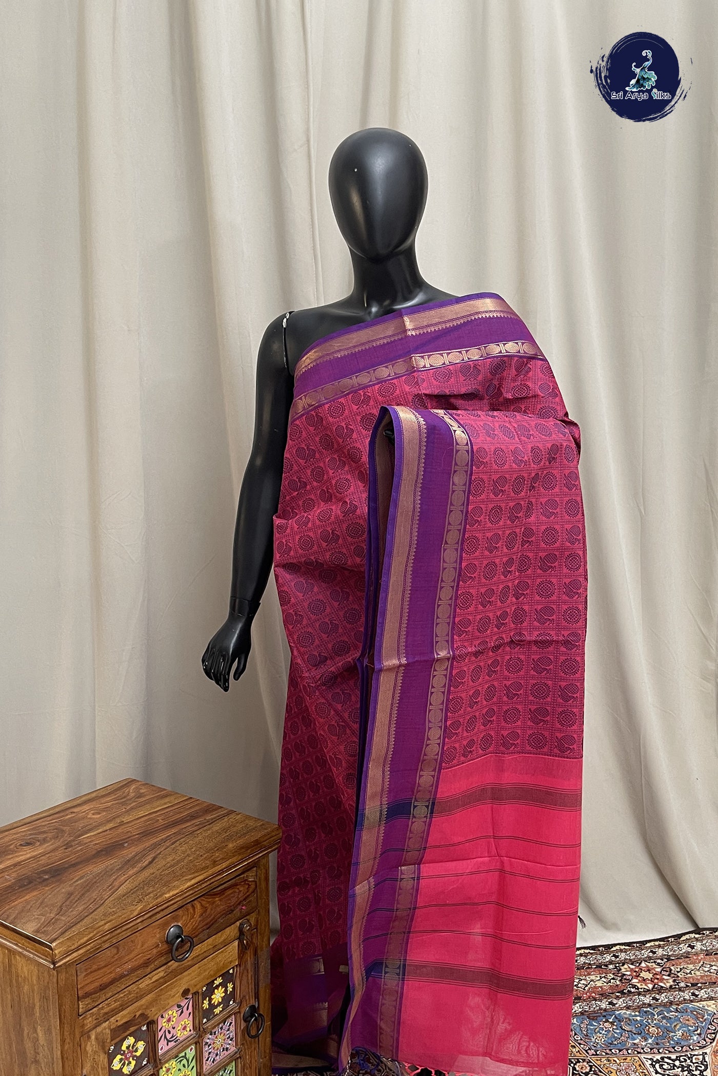 Pink Kanchi Cotton Saree With Embroidery Pattern
