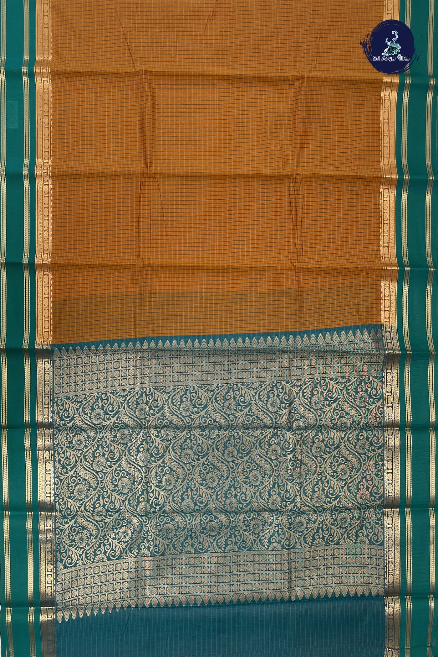 Lite Mustard Orange Budget Semi Silk Cotton Saree With Checked Pattern