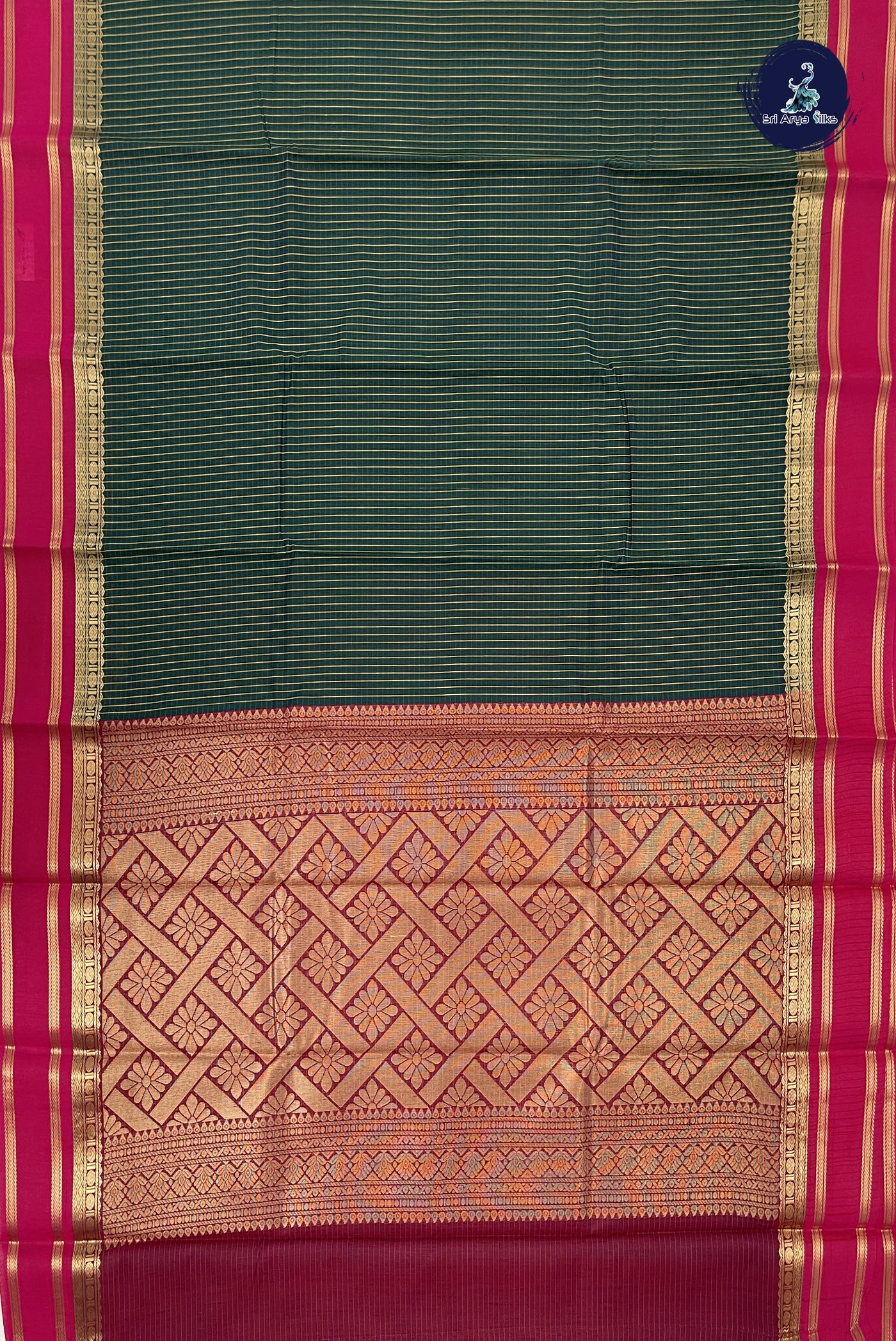 Dark Green Budget Semi Silk Cotton Saree With Checked Pattern