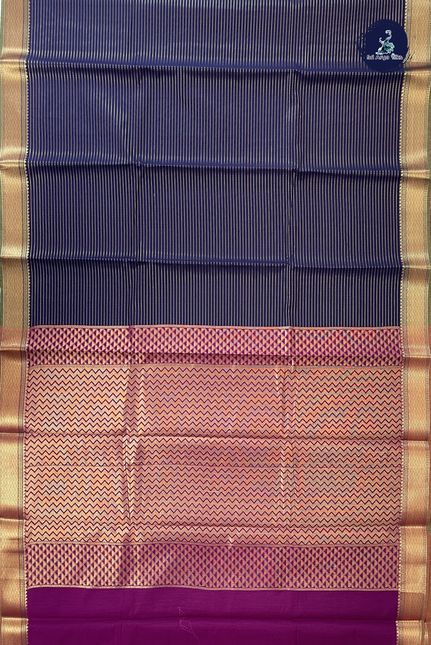 Navy Blue Budget Semi Silk Cotton Saree With Stripes Pattern