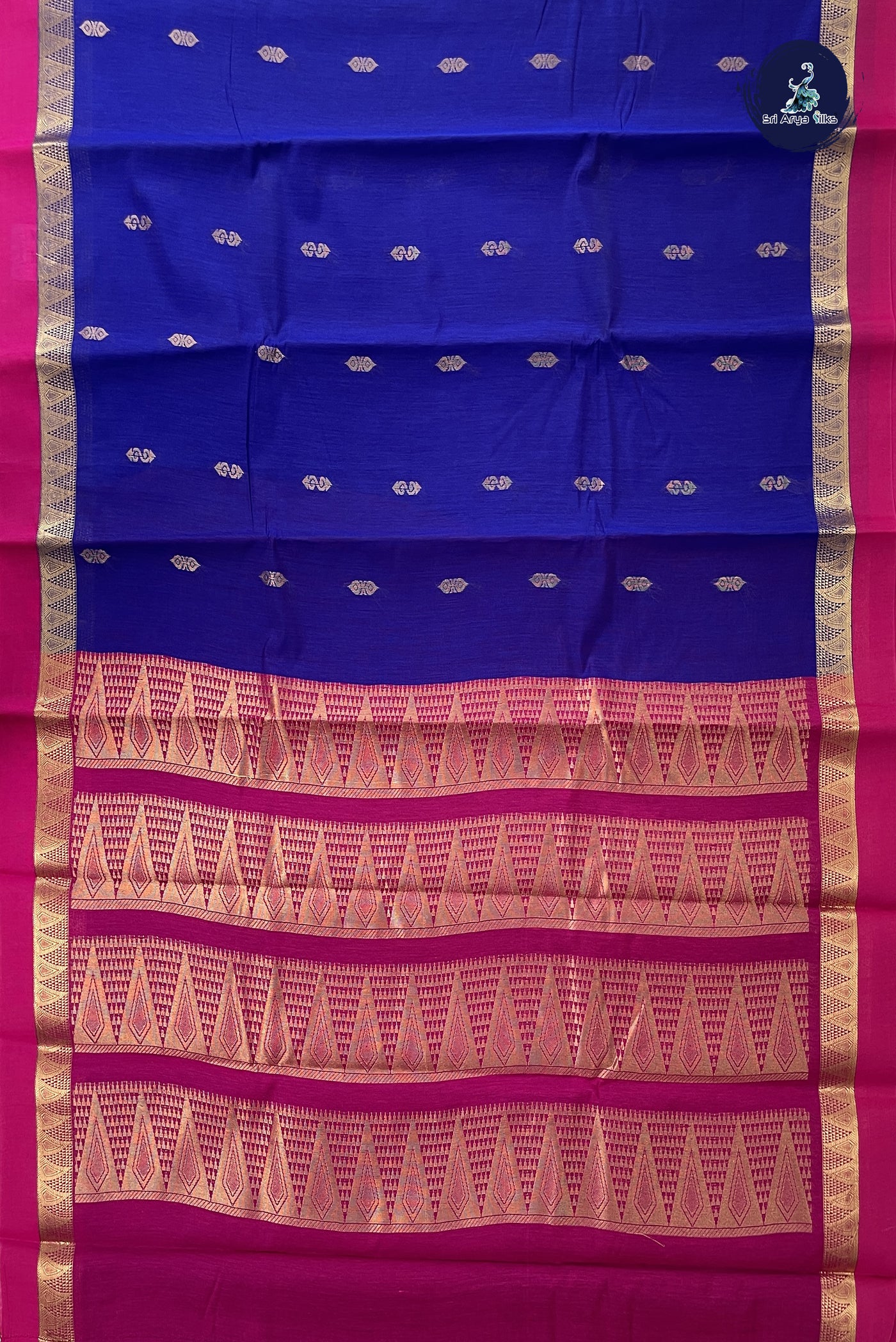 Dark Blue Budget Semi Silk Cotton Saree With Zari Buttas Pattern