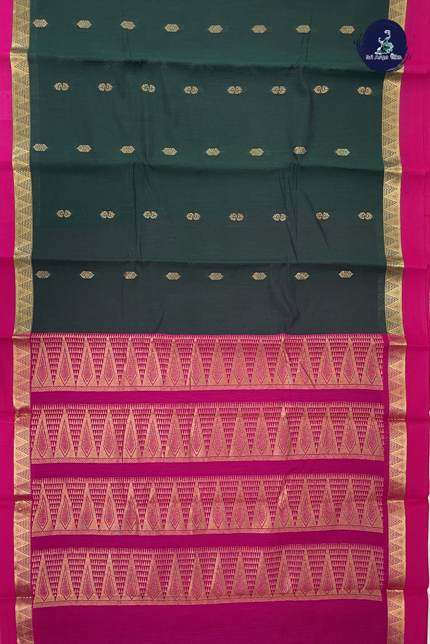 Dark Green Budget Semi Silk Cotton Saree With Zari Buttas Pattern