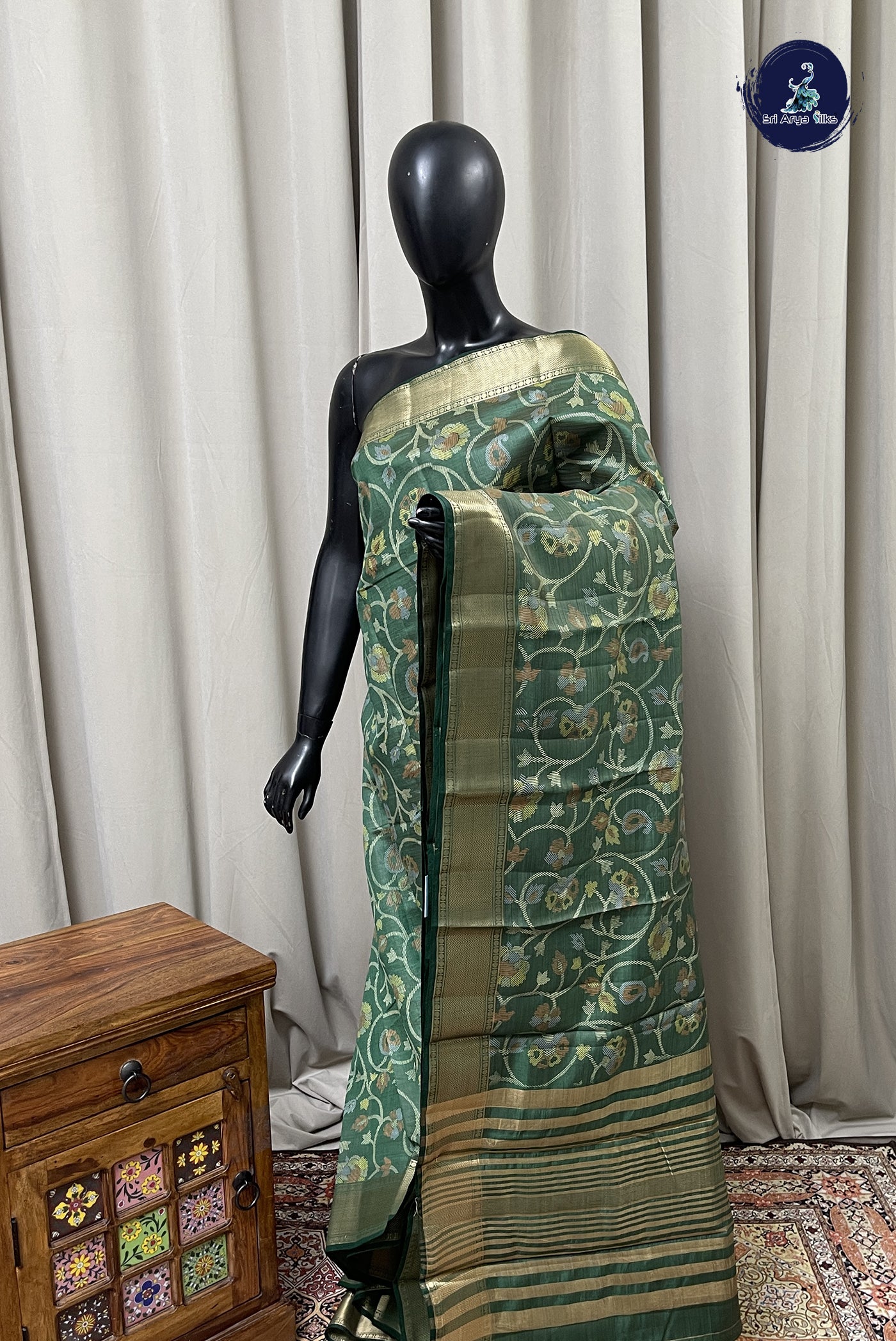 Dark Green Semi Tussar Saree With Printed Pattern