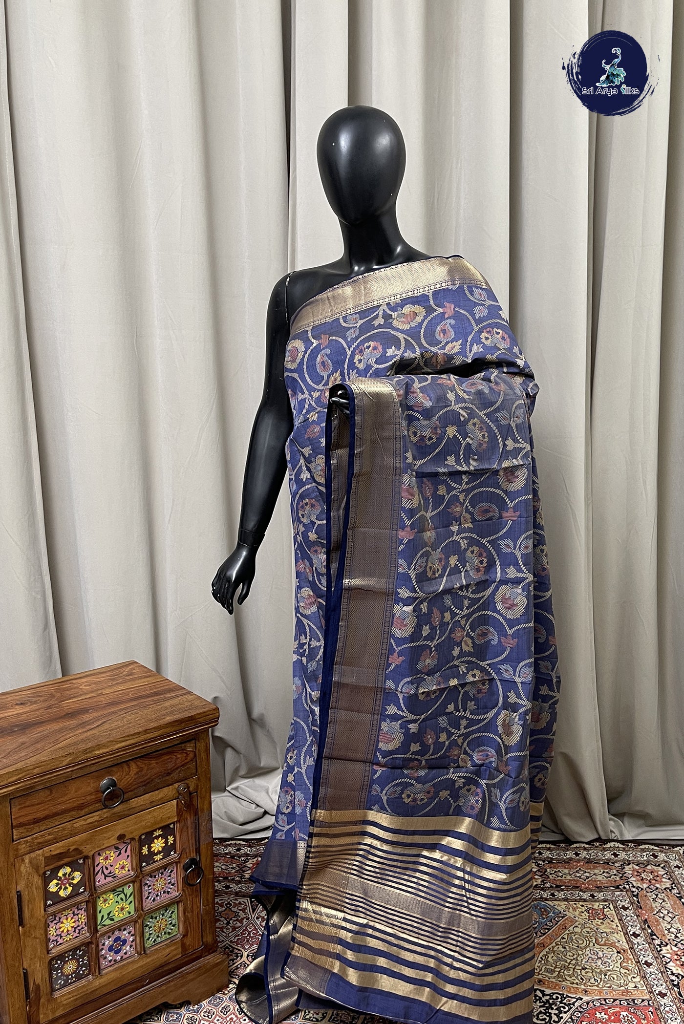 Greyish Blue Semi Tussar Saree With Printed Pattern