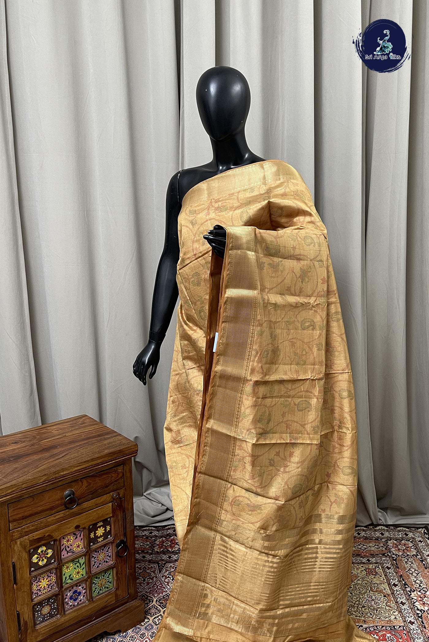 Chikku Shade Semi Tussar Saree With Printed Pattern