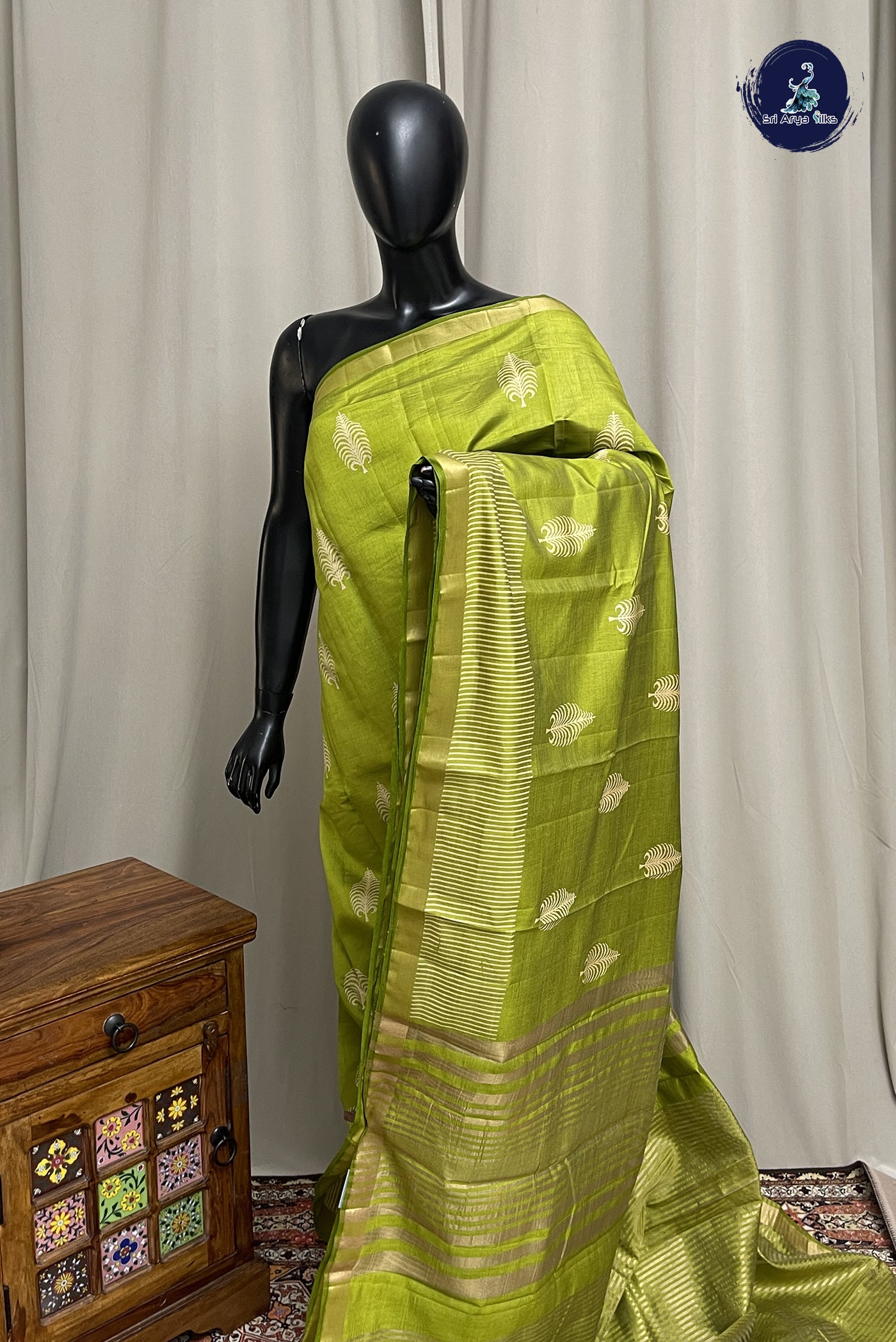 Lime Green Semi Tussar Saree With Printed Pattern